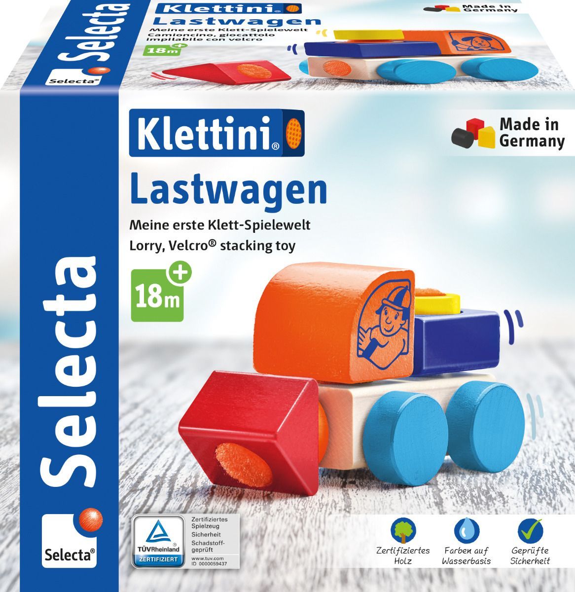 Klettini Lastwagen-Stapelspielzeug. Holzspielzeug mit 6 Teilen. Farben auf Wasserbasis. Geprüfte Sicherheit. Hergestellt in Deutschland.
