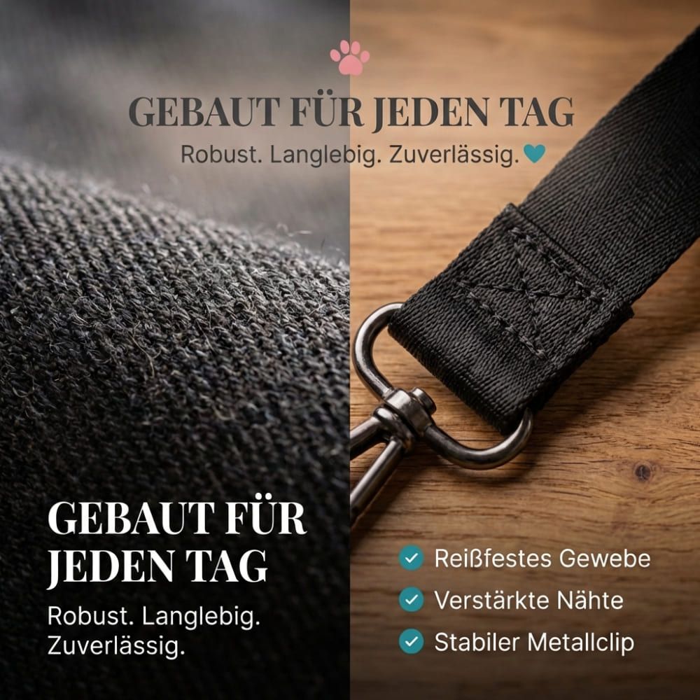 Nahaufnahme des schwarzen Stoffes und des Metallclips. Text: Gebaut für jeden Tag. Reißfestes Gewebe, verstärkte Nähte.