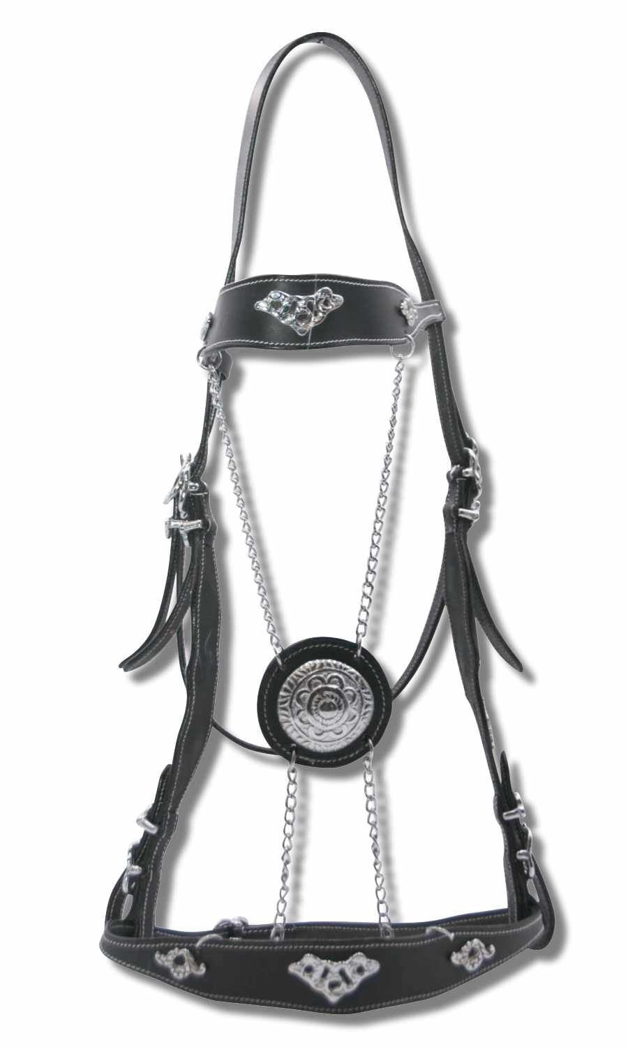 Schwarze Trense mit silberfarbenen Verzierungen und Kette. Ansicht von vorne.