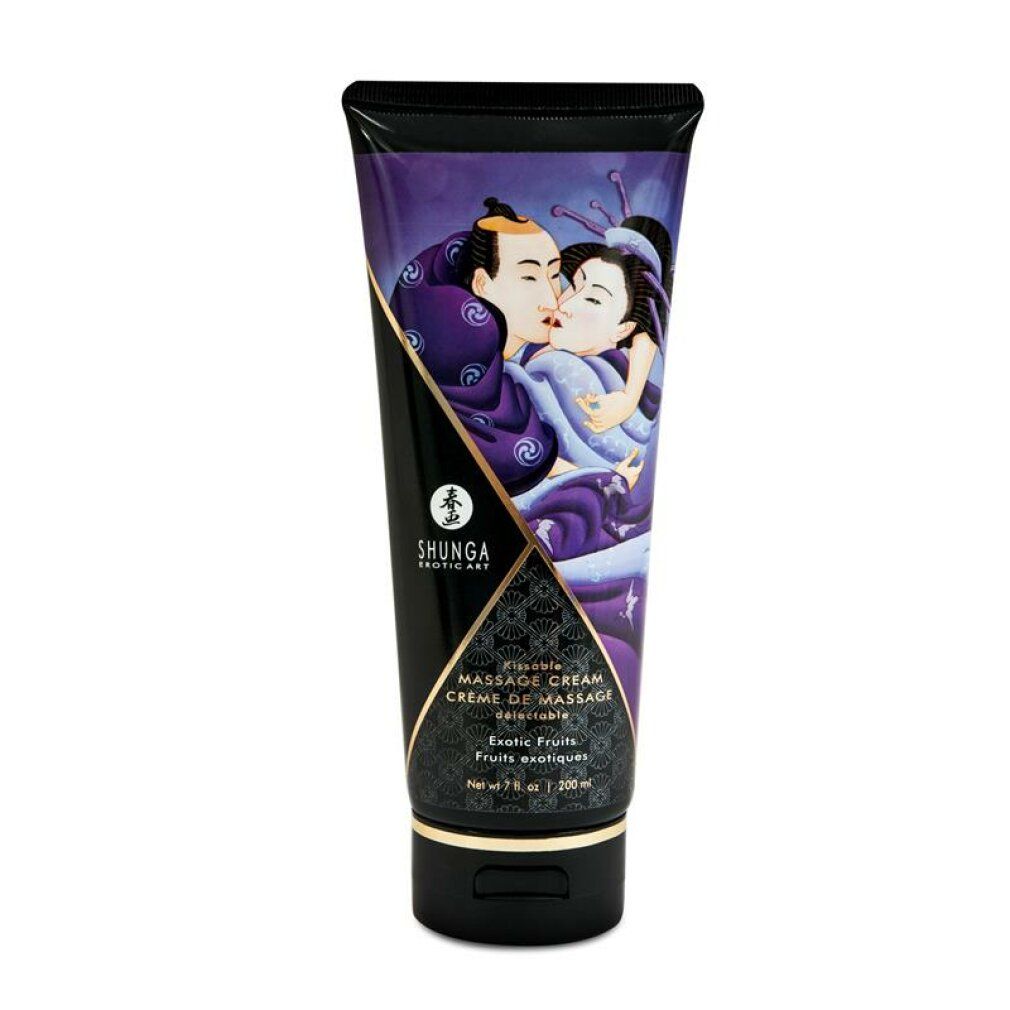 Tube Massagecreme, Shunga Exotic Art. Abbildung eines Paares. Aufschrift: Massage Cream, Exotic Fruits. Schwarzer Deckel, lila Tube.