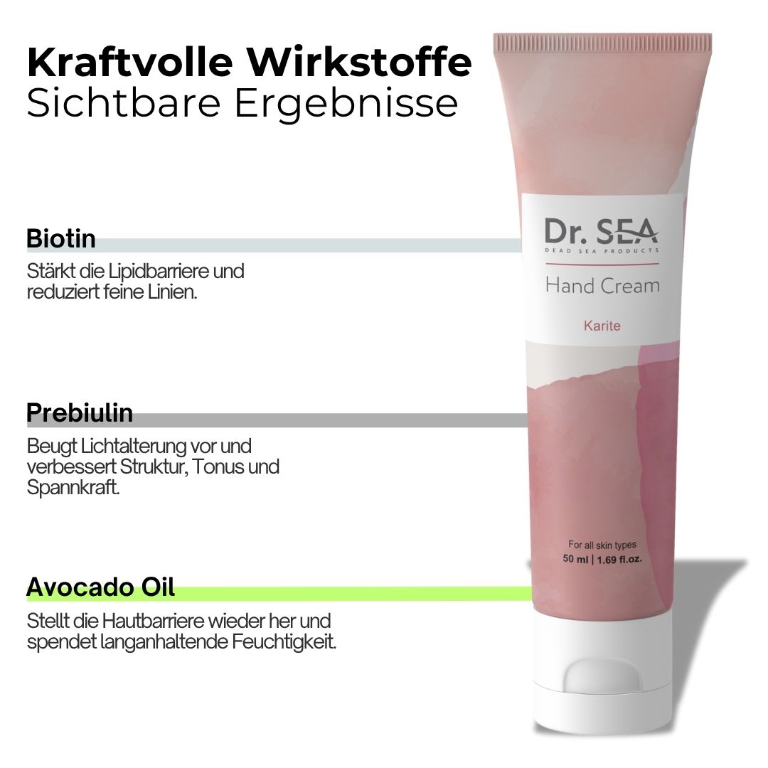 Handcreme-Tube, rosa-weiß. Text und Illustrationen. Inhaltsstoffe: Biotin, Prebiulin, Avocadoöl.