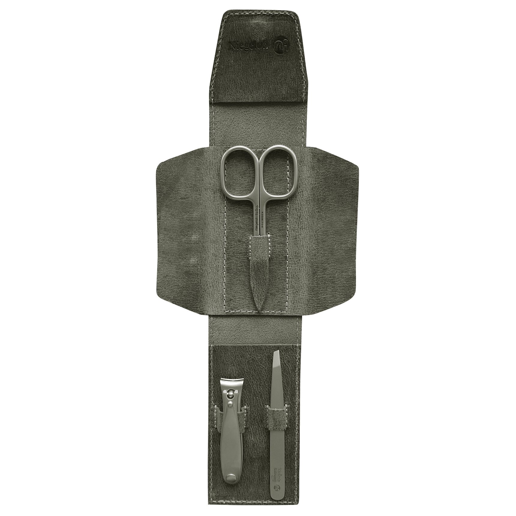 Graues Lederetui mit Maniküre-Set. Enthält Schere, Nagelfeile und Nagelknipser. Niegeloh-Logo oben.