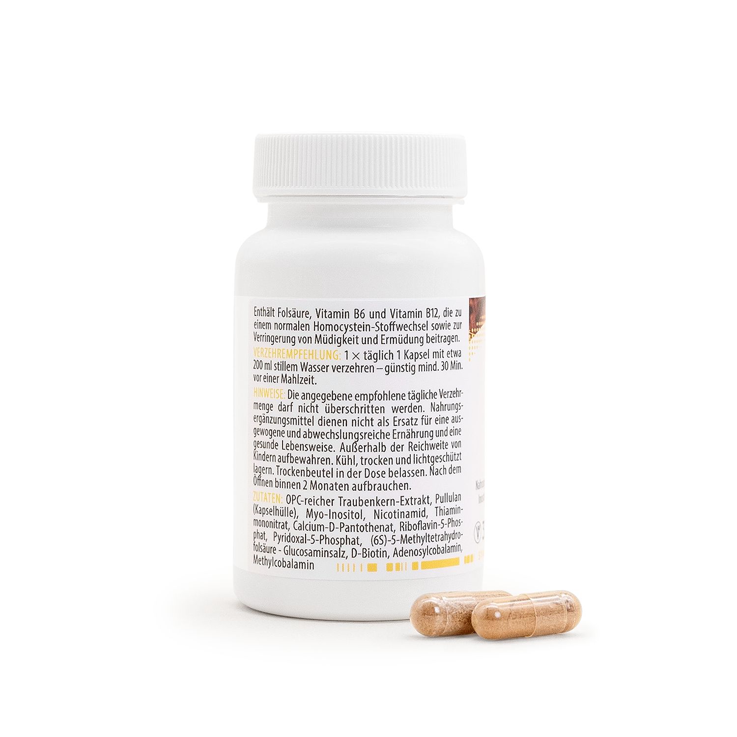 Rückseite einer weißen Dose MITOcare Vitamin B Komplex mit detaillierten Anwendungshinweisen und Inhaltsstoffen.