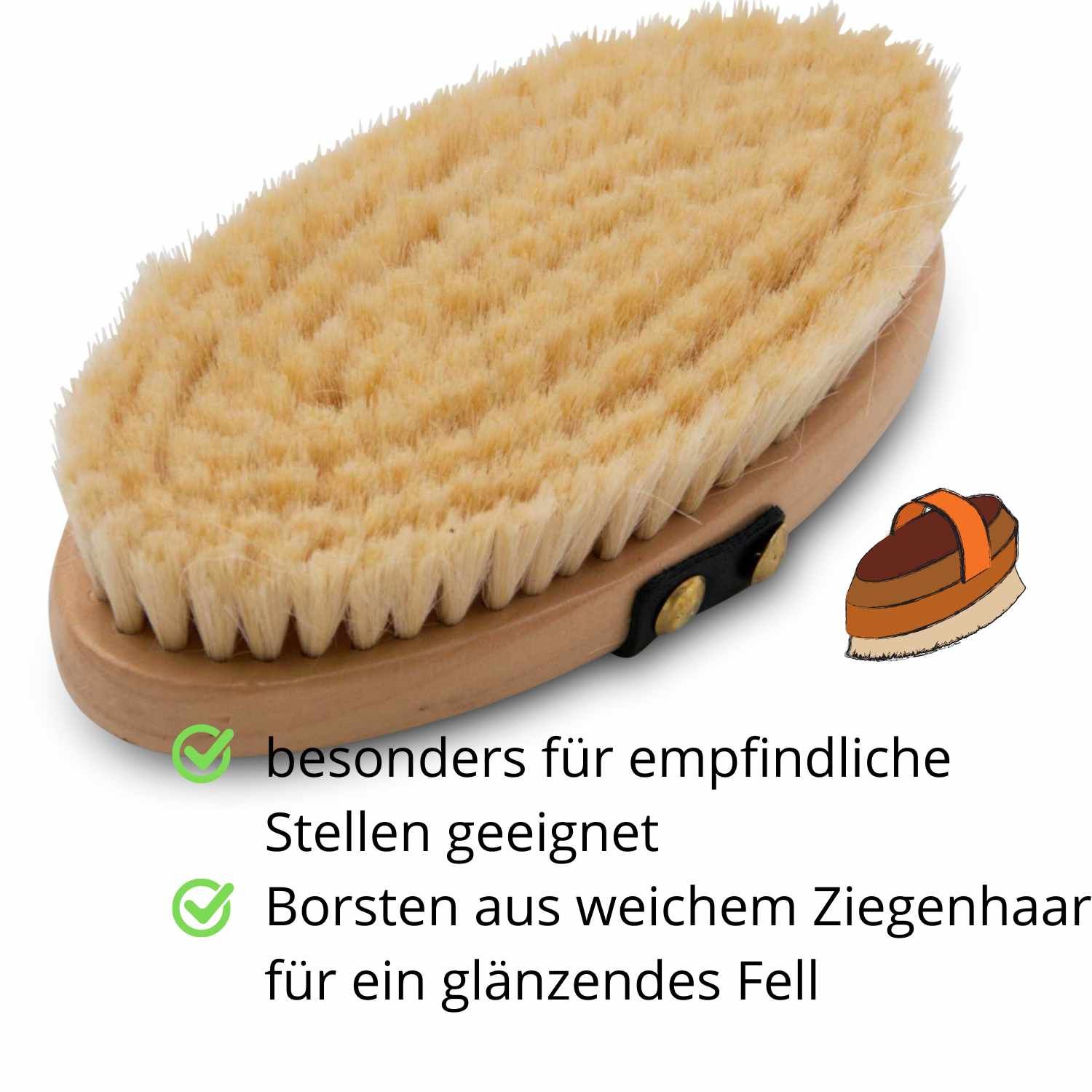 AMKA Classicbürste. Ovale Bürste mit hellen Borsten aus Ziegenhaar, Holzrücken, schwarzer Lederschlaufe.