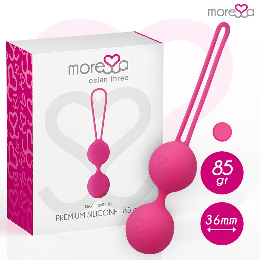 Produkt und Verpackung. Text: Moressa osian three, KEGEL TRAINING, PREMIUM SILICONE - 85, 85 gr, 36mm.