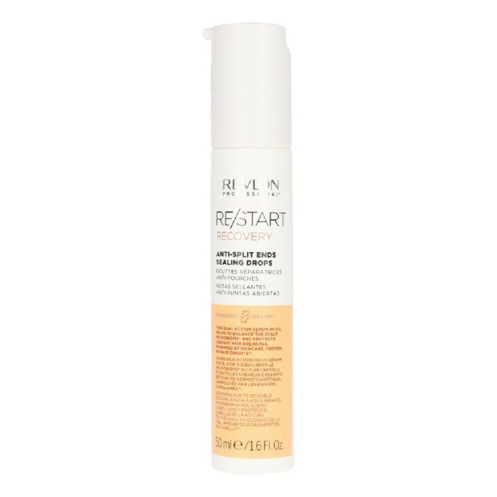 Weiß-orange Flasche mit Produkttext: RE/START RECOVERY Anti-Split Ends Sealing Drops. 50ml/1.6 fl.oz.