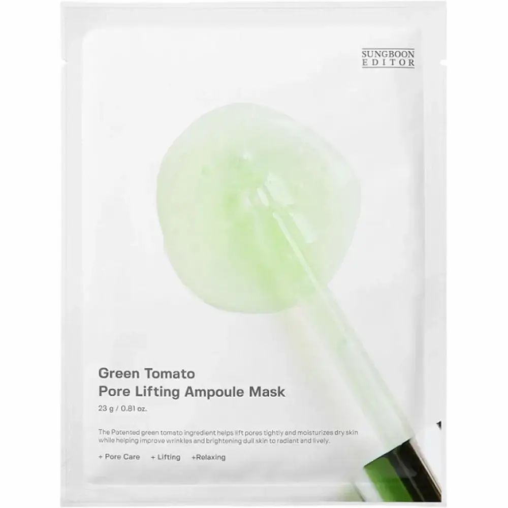 Verpackung mit grünem Gel. Text: Green Tomato Pore Lifting Ampoule Mask. Marke: SUNGBOON EDITOR. 23g / 0.81 oz.