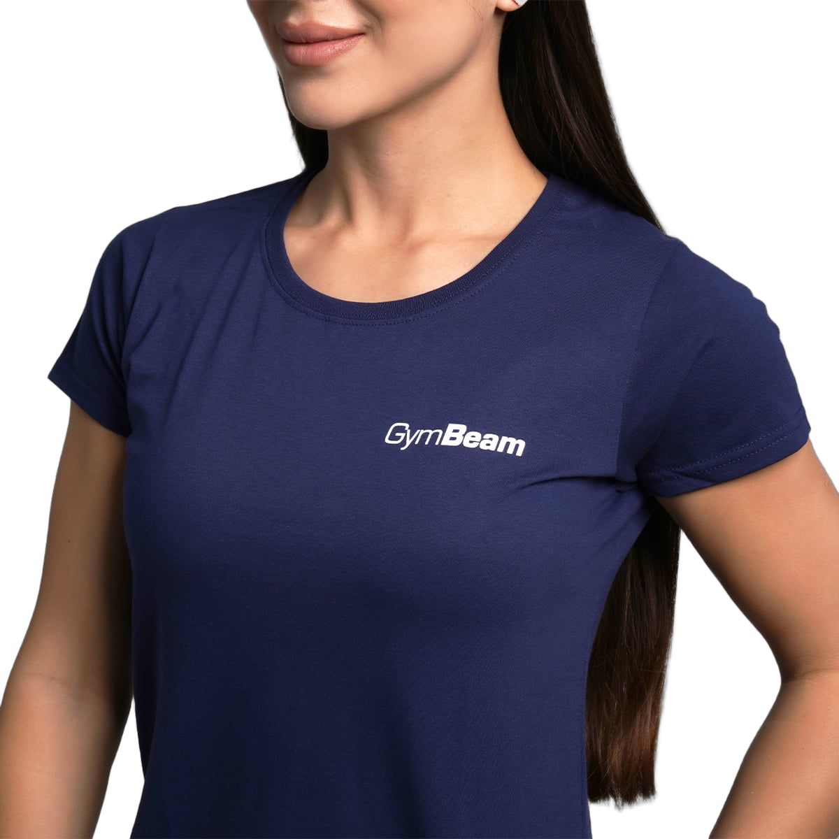 Dunkelblaues Basic T-Shirt für Damen mit rundem Ausschnitt und kleinem Logo.