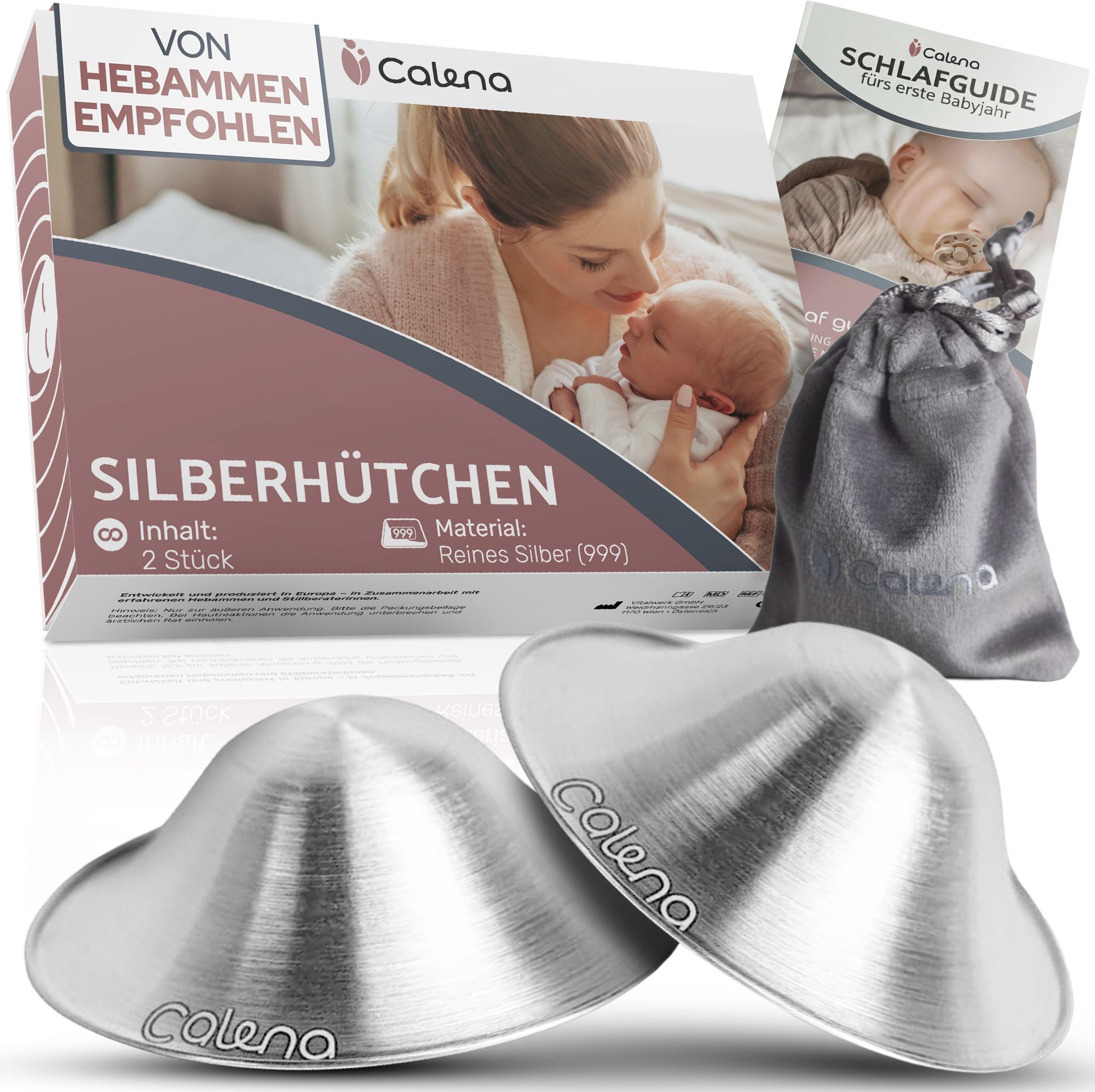 Produktverpackung: Calena Silberhütchen, 2 Stück. Enthält: Silberhütchen, Schlafguide, Aufbewahrungsbeutel. Von Hebammen empfohlen. Material: Reines Silber (999).
