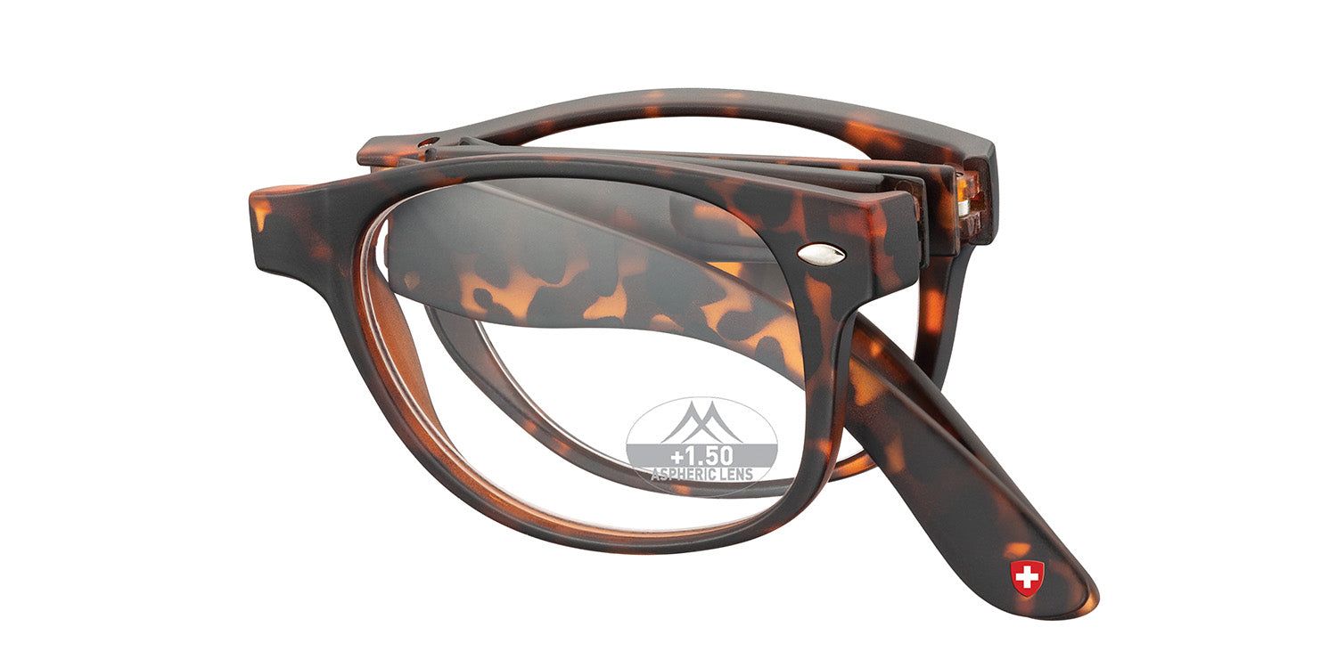 Gefaltete Lesebrille mit braunem Gestell. +1.50 Dioptrien. Schweizer Kreuz am Bügel.