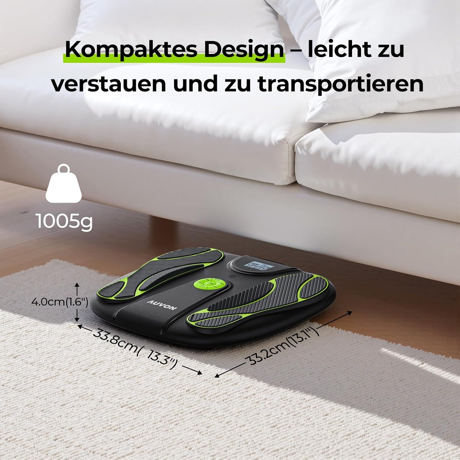 Kompakte Personenwaage mit Display und Tragegriff, Maße sichtbar.