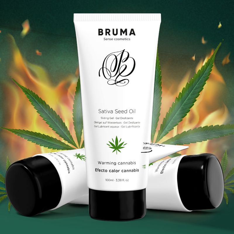 Weiße Tube, schwarzer Deckel. Aufschrift: Bruma, Sativa Seed Oil, Warming cannabis. Cannabis-Blatt-Symbol. Hintergrund: Flammen und Cannabisblätter.