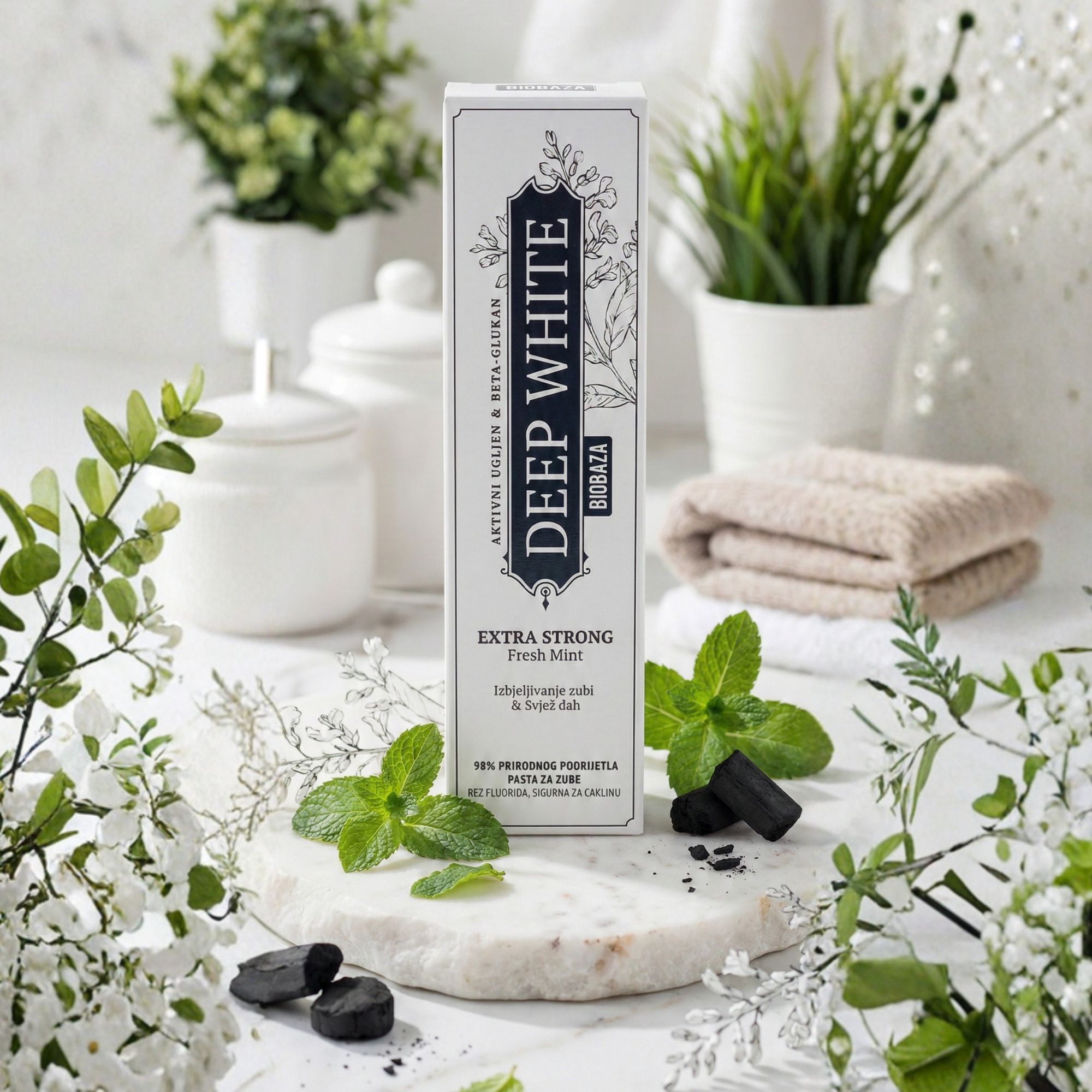 Zahncreme-Verpackung mit "DEEP WHITE"-Logo, Kräutern und Holzkohle auf einer Marmorplatte. Hintergrund: Pflanzen und Handtuch.