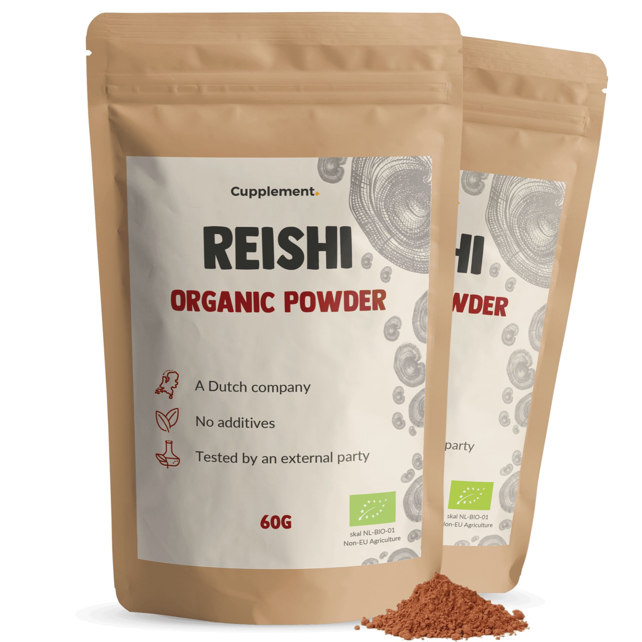 Zwei Beutel Cupplement® Reishi Pulver. Braune Beutel mit weißem Etikett. Text: Reishi Organic Powder, 60g.