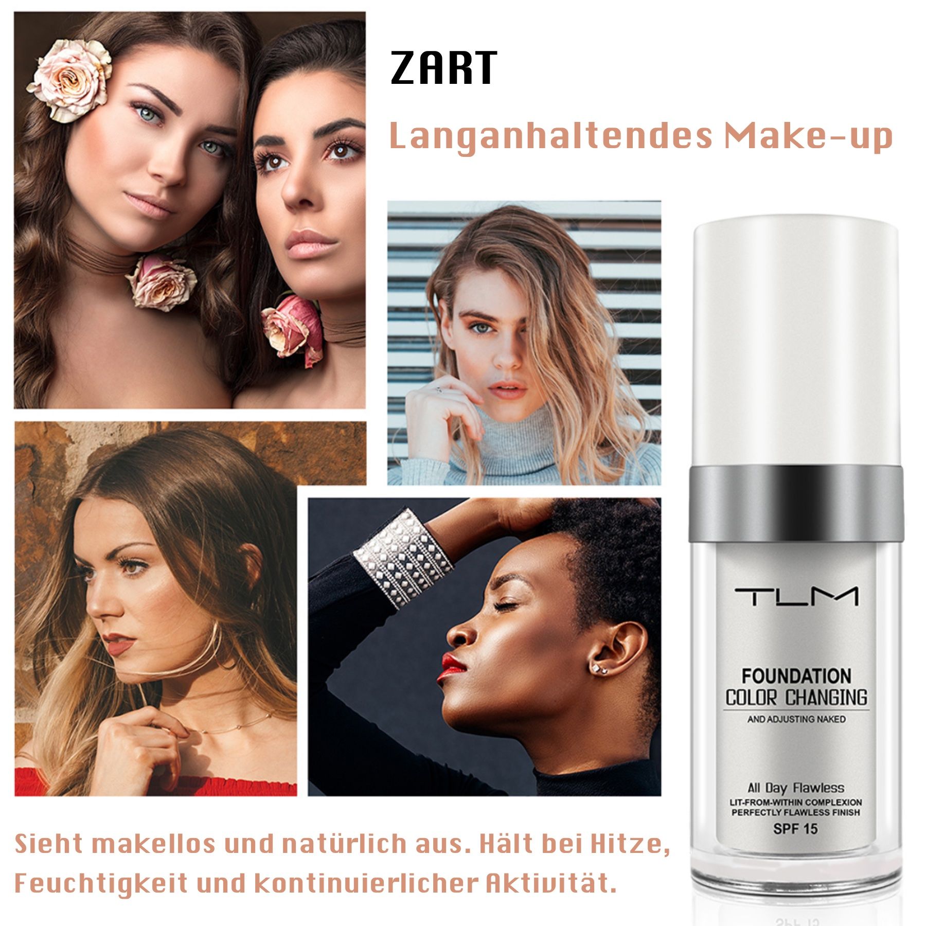 TLM Foundation Color Changing. Flasche. SPF 15. Frauen mit Make-up.