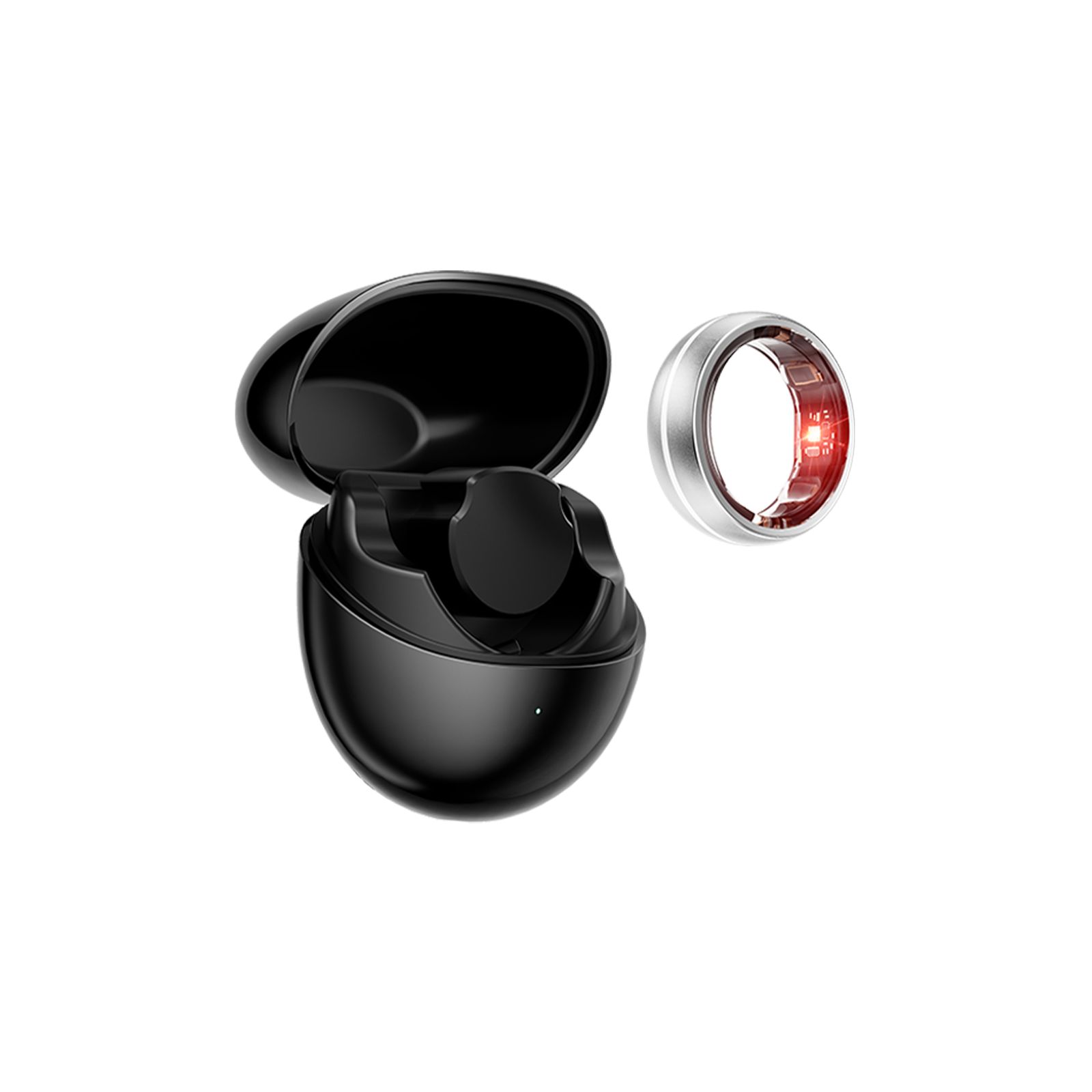 Schwarze Ladeschale, geöffnet, mit Ring. Der Ring ist silberfarben mit rotem Licht. Der Ring ist neben der Ladeschale.