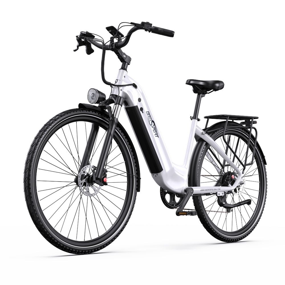 Weißes E-Bike mit schwarzen Reifen und Details. Gepäckträger, Scheinwerfer und Lenker sind sichtbar. Onesport-Logo.