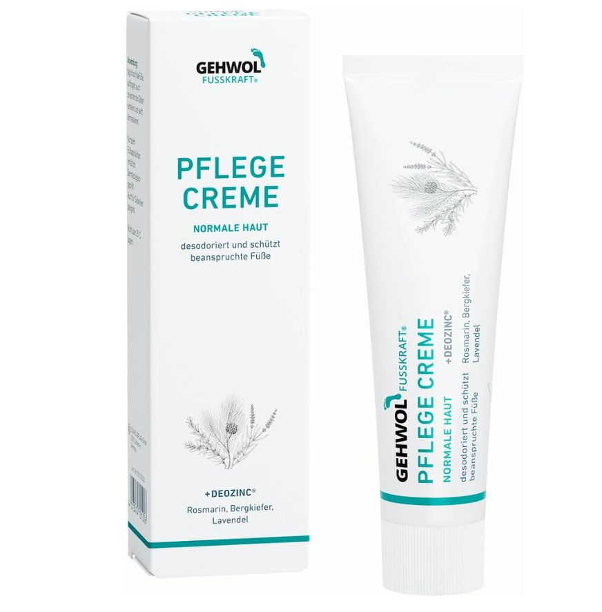 Weiße Tube und Schachtel mit Produktnamen und Logo. Text: PFLEGE CREME, NORMALE HAUT, +DEOZINC. Kräuterdarstellung.