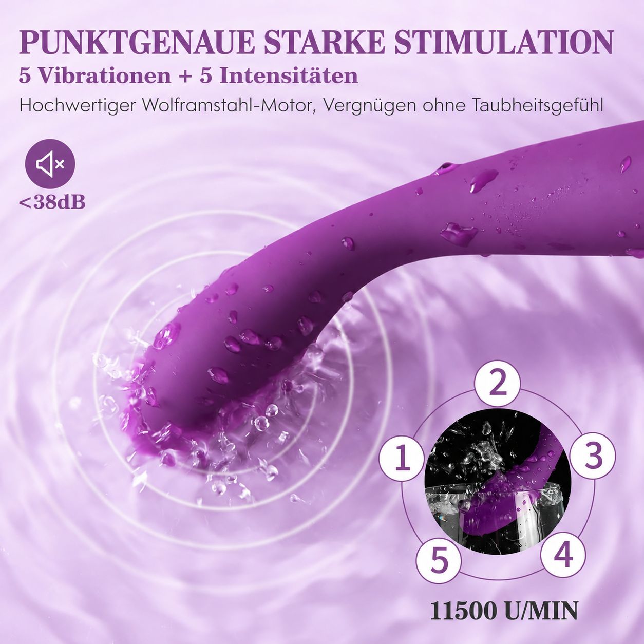 Lila Vibrator mit 5 Vibrationsmodi und 5 Intensitäten, 11500 U/min, <38dB.