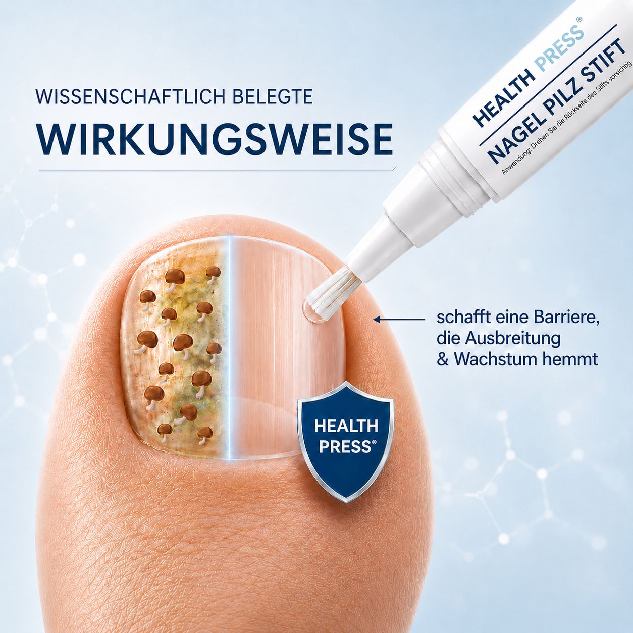 Nagel mit Pilzinfektion. Stift mit Pinselspitze. Text: Health Press Nagelpilz Stift. Schild mit Health Press.