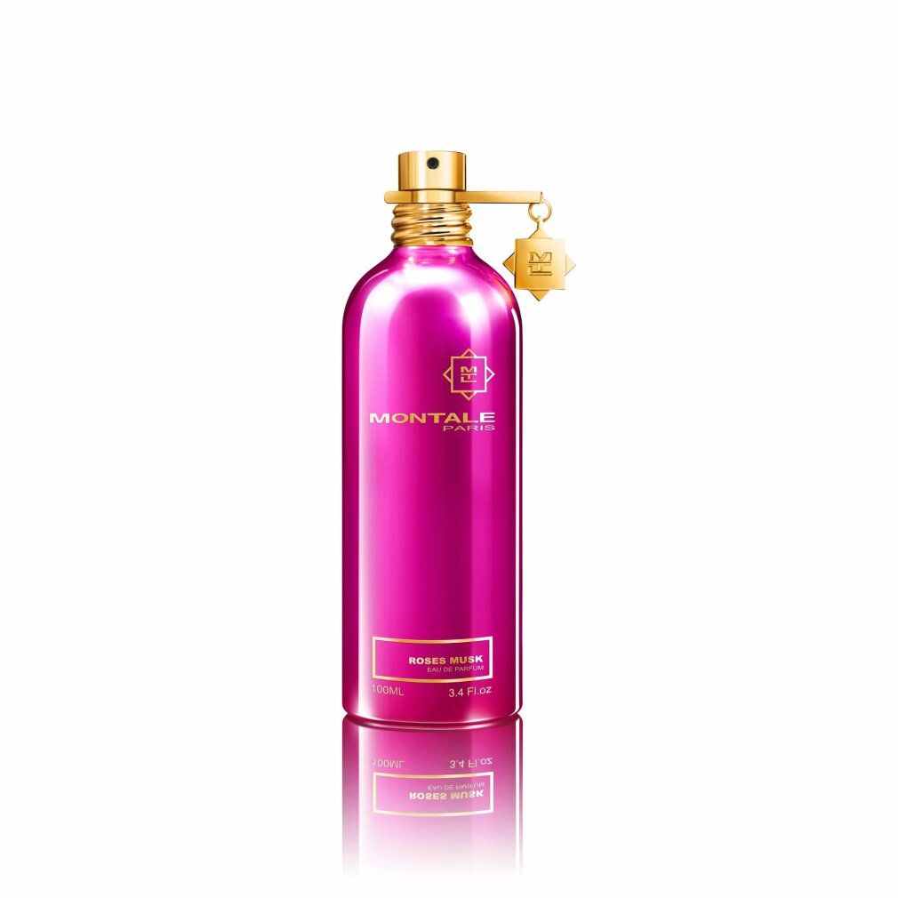 Rosa Parfumflasche mit goldenem Verschluss und Anhänger. Aufschrift: MONTALE PARIS, ROSES MUSK.