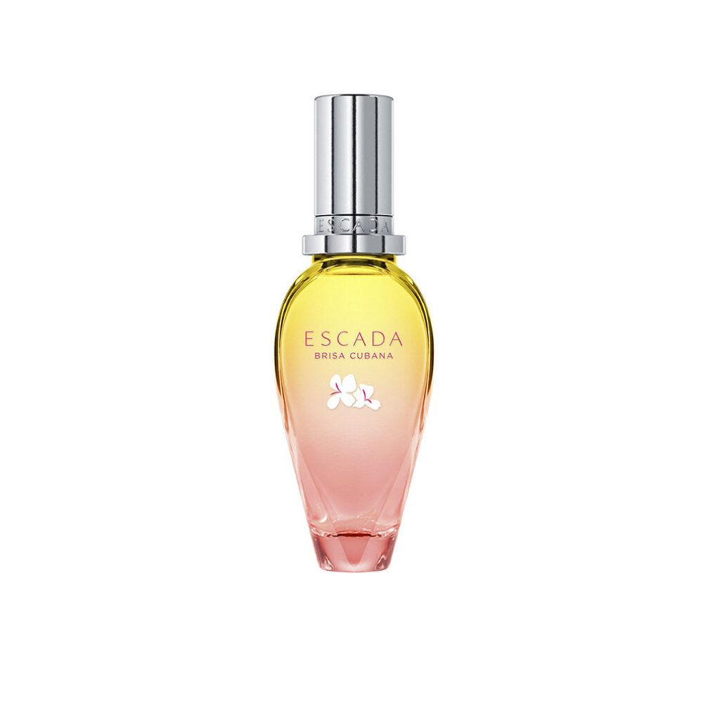 Parfümflasche Escada Brisa Cubana. Gelb-rosa Farbverlauf, silberner Deckel. Aufschrift: Escada, Brisa Cubana.