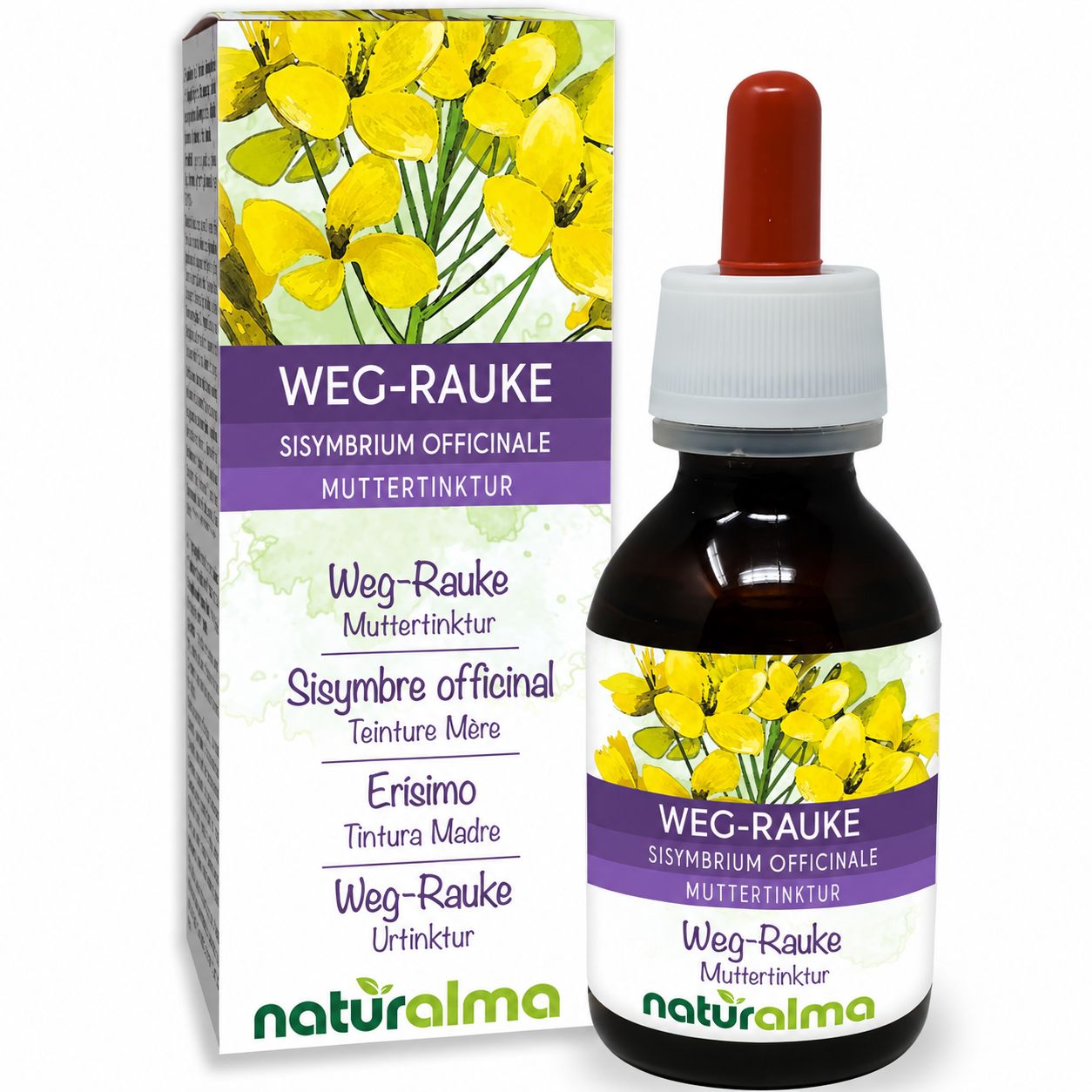 Weg-Rauke Urtinktur von Naturalma in einer Braunglasflasche mit Pipette und Faltschachtel.