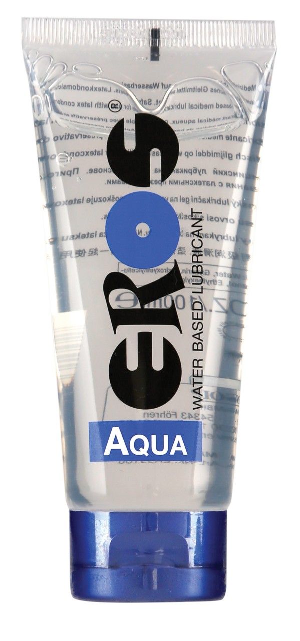Tube mit transparentem Gel und blauem Verschluss. Aufschrift: EROS Aqua, Water Based Lubricant.