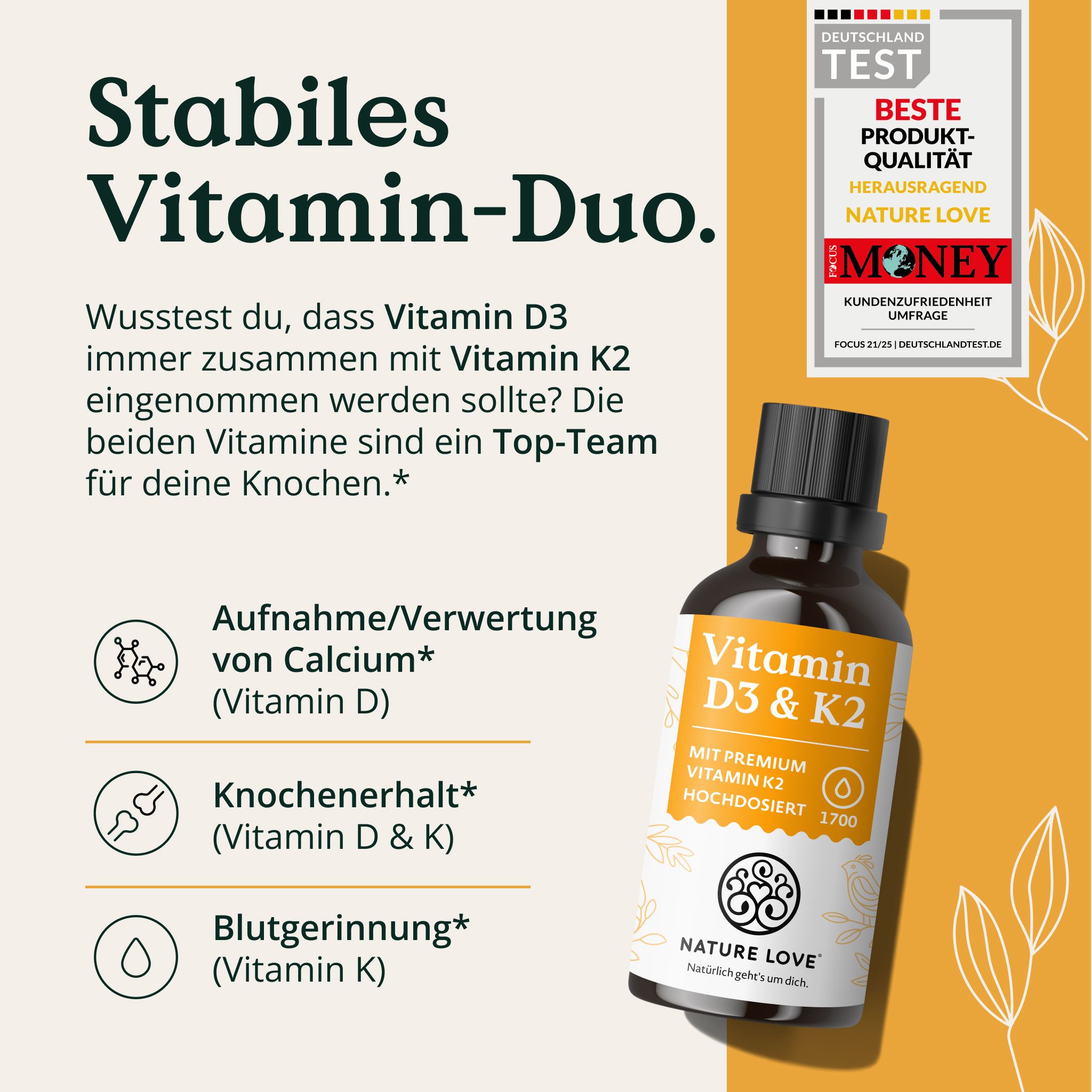 NATURE LOVE® Vitamin D3/K2 (50ml) - K2VITAL® 99,7% all-trans - 1000I.E. Vit D & 20µg Vit K2/Tropfen