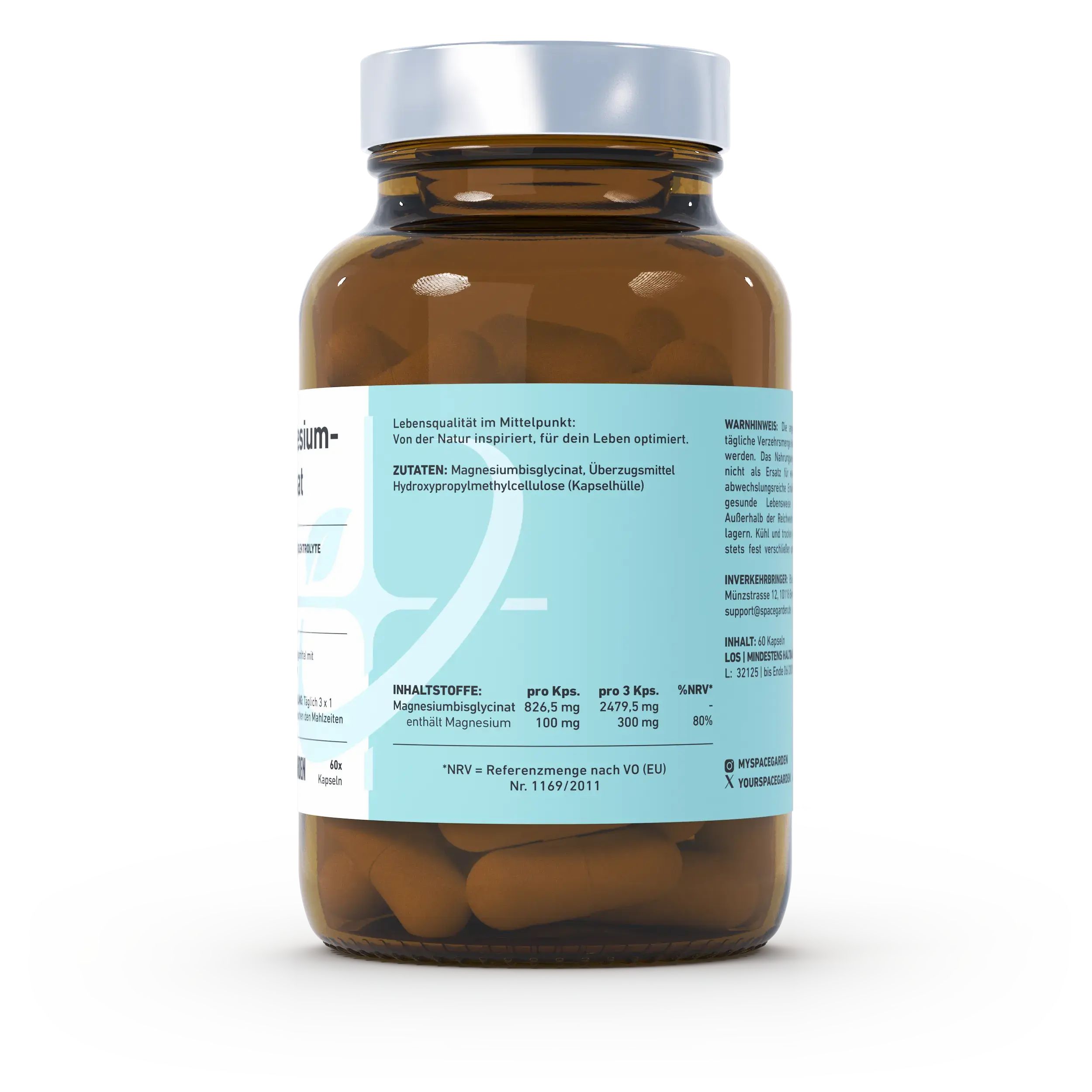 Rückseite einer braunen Glasflasche mit Kapseln. Etikett mit Inhaltsstoffen und Nährwertangaben. Marke Spacegarden.