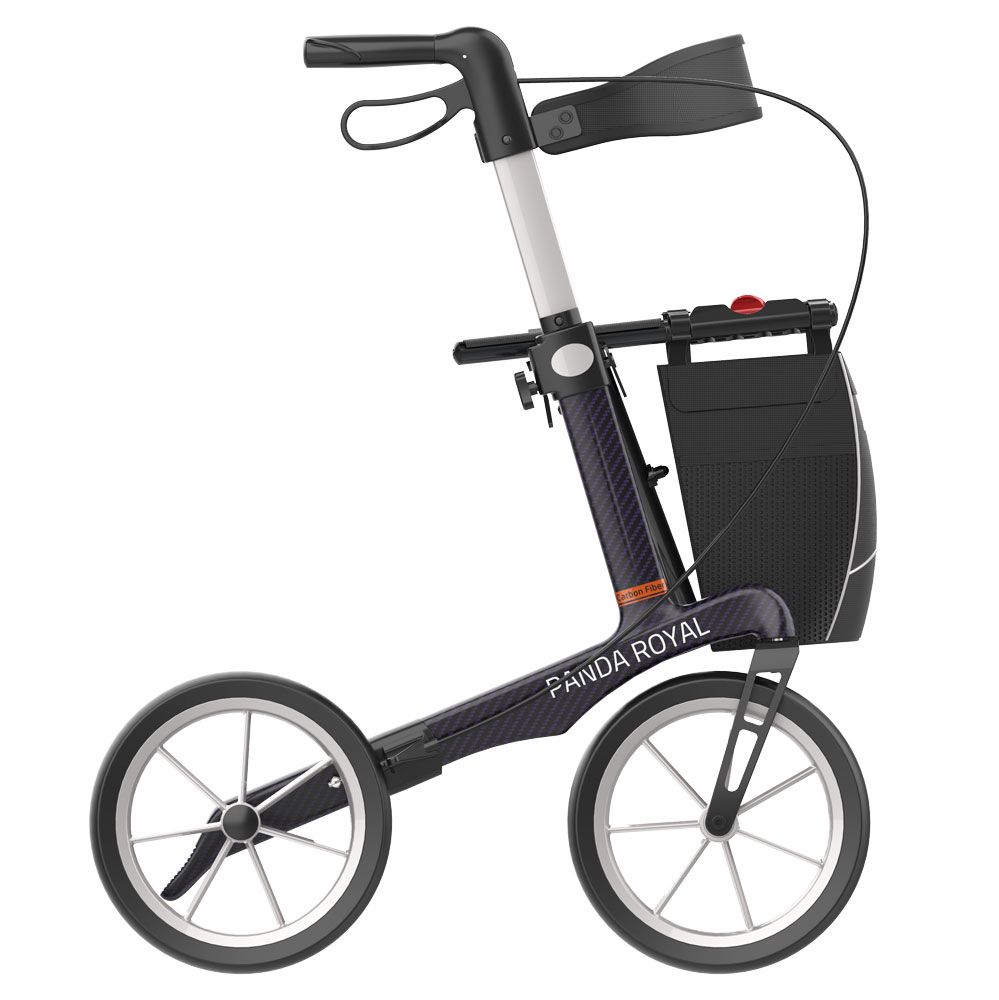Mobiler Rollator mit Sitz und vier Rädern. Höhenverstellbare Griffe und Bremsen.