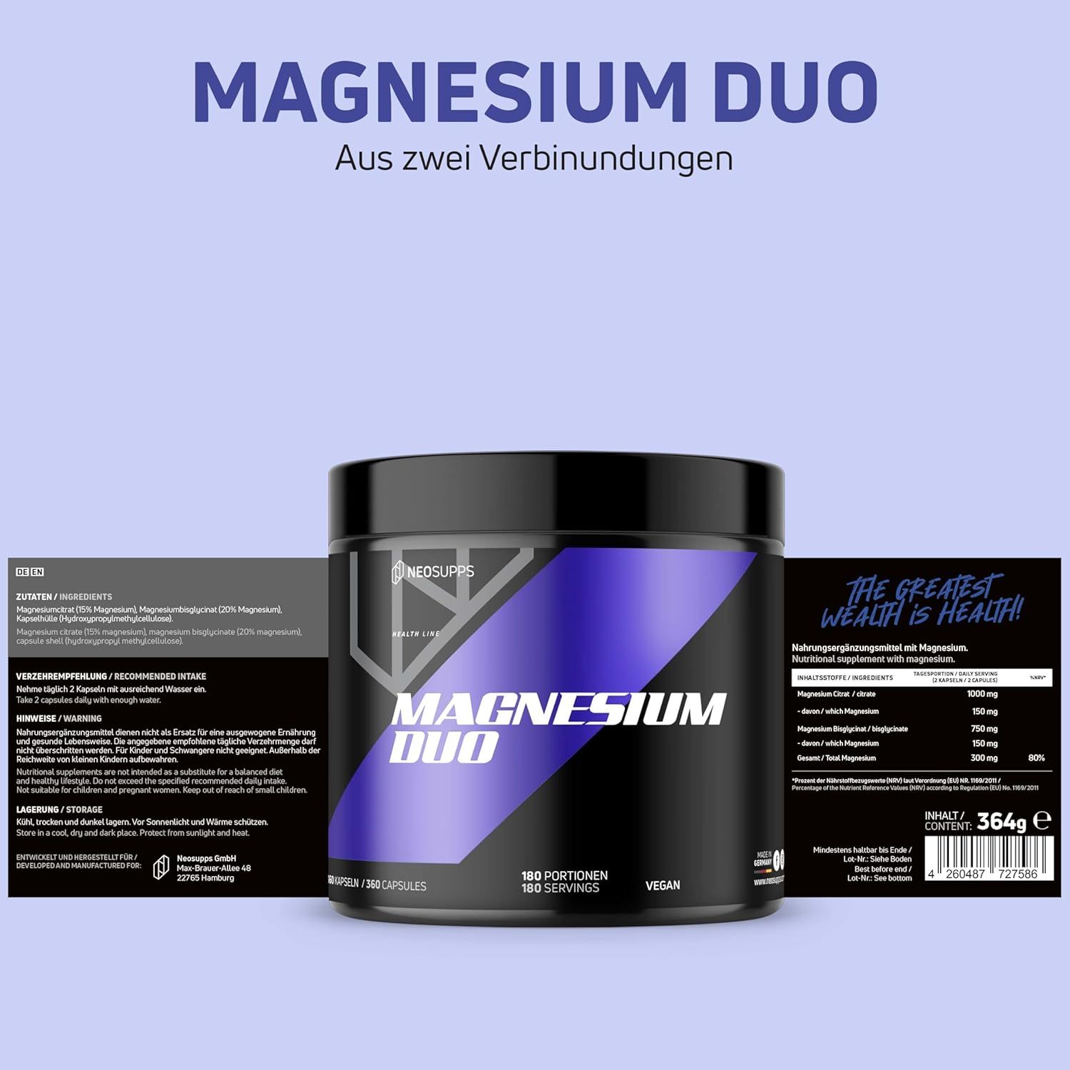 Magnesium Duo Dose. Schwarzer Behälter mit blauem Etikett. Text: Magnesium Duo, Vegan. Zwei Informationskarten. Produktinformationen.