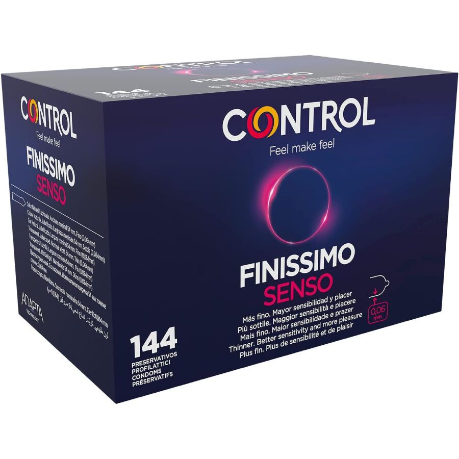 Dunkelblaue Verpackung mit Produktnamen "FINISSIMO SENSO" und "CONTROL". Enthält 144 Stück. Aufschrift "Feel make feel".