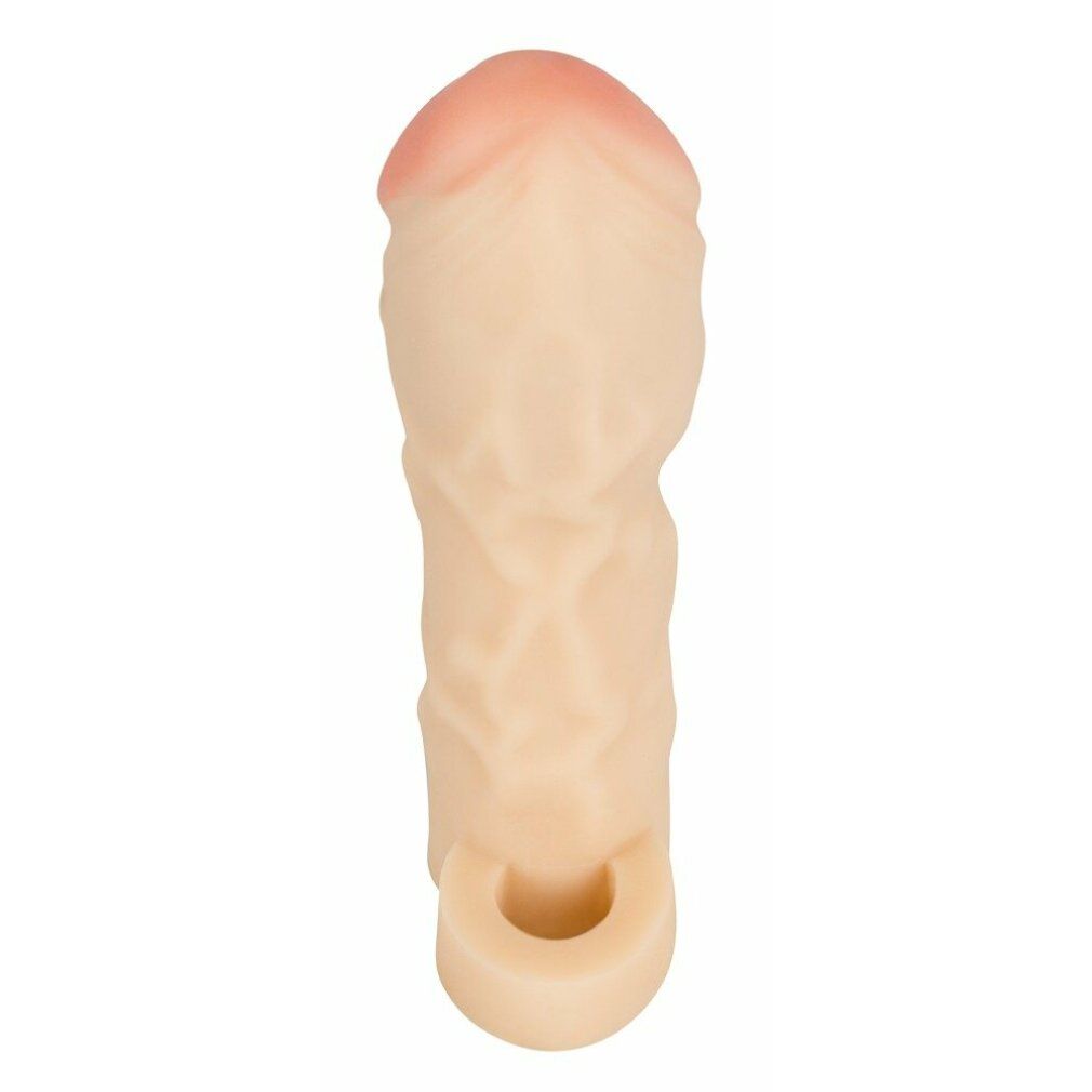 Penishülle, beige mit rosafarbenem Kopf. Basis mit Öffnung. Geriffelte Oberfläche.