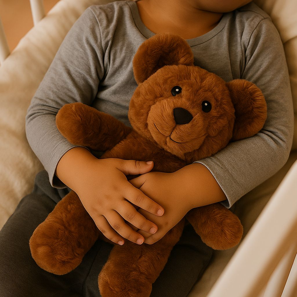 Kind umarmt braunen Teddybären. Teddybär mit Ohren, Augen, Nase und Mund. Kind sitzt in einem Bett.