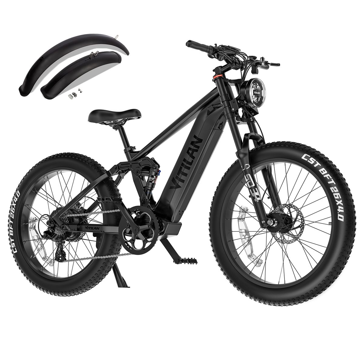 Schwarzes E-Bike mit Schutzblechen. Fatbike-Reifen, Frontscheinwerfer, Federung. Zubehör: Schutzbleche.