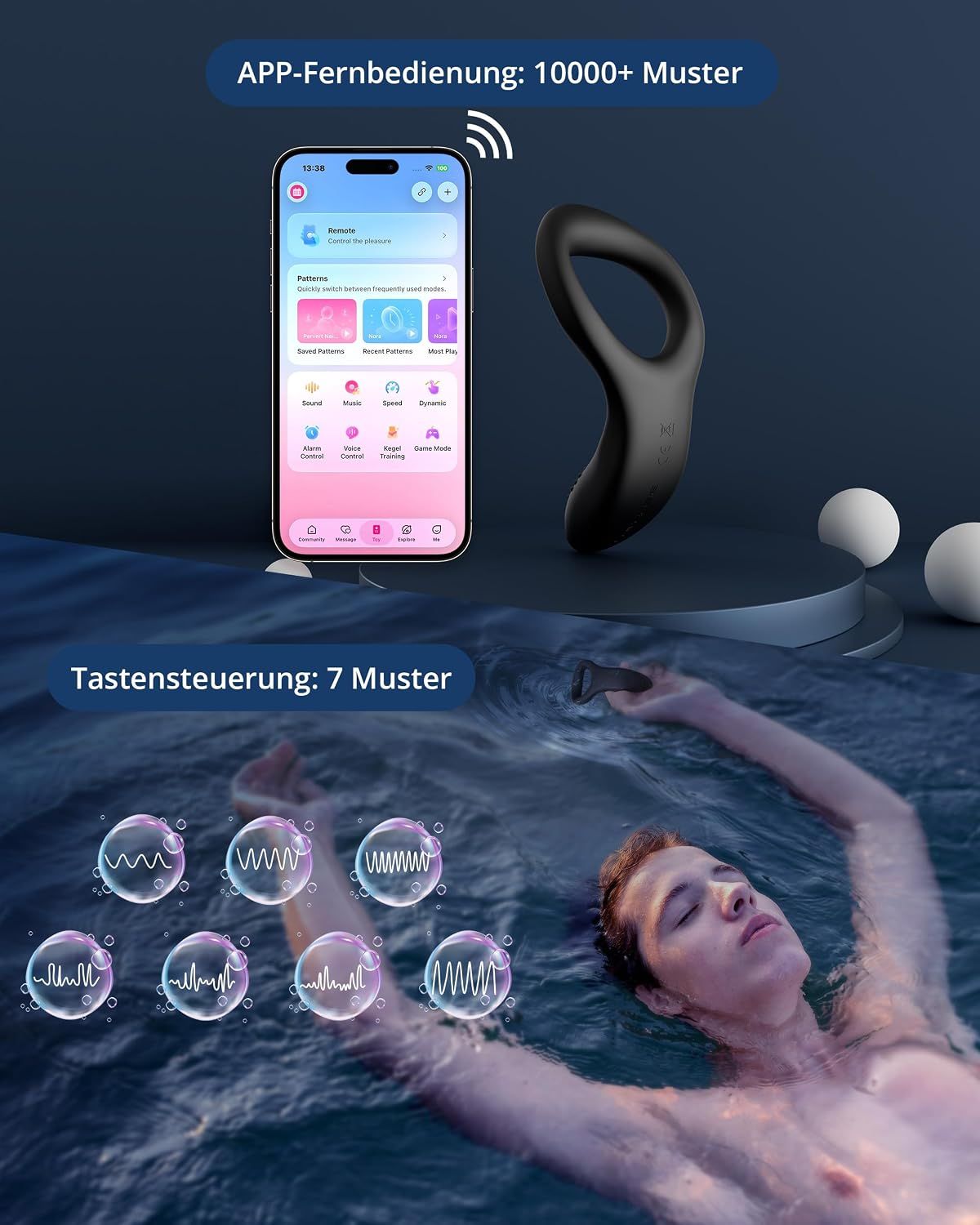 Ein schwarzes, gebogenes Gerät mit Ring und Smartphone-App, zeigt verschiedene Modi.