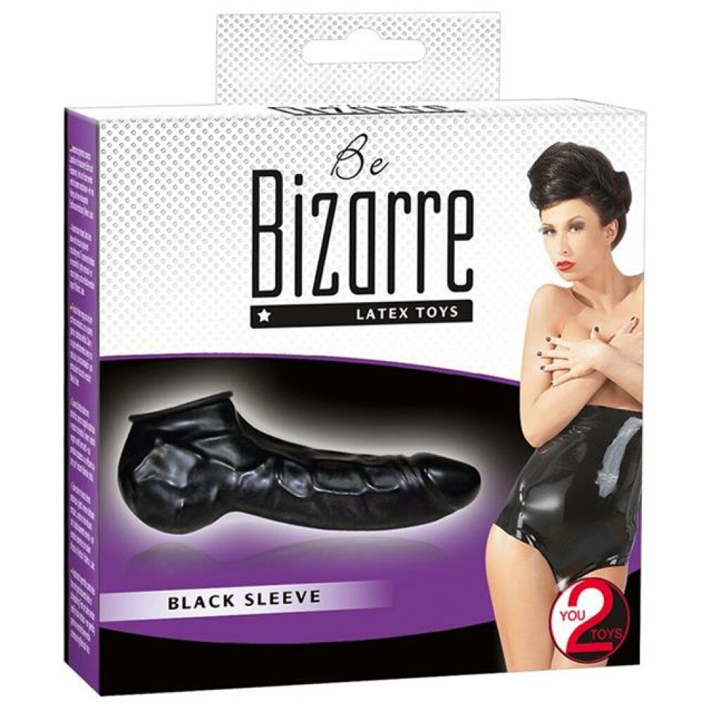 Schwarze Hülle aus Latex auf Verpackung mit Modell und Produktnamen 'Be Bizarre'.