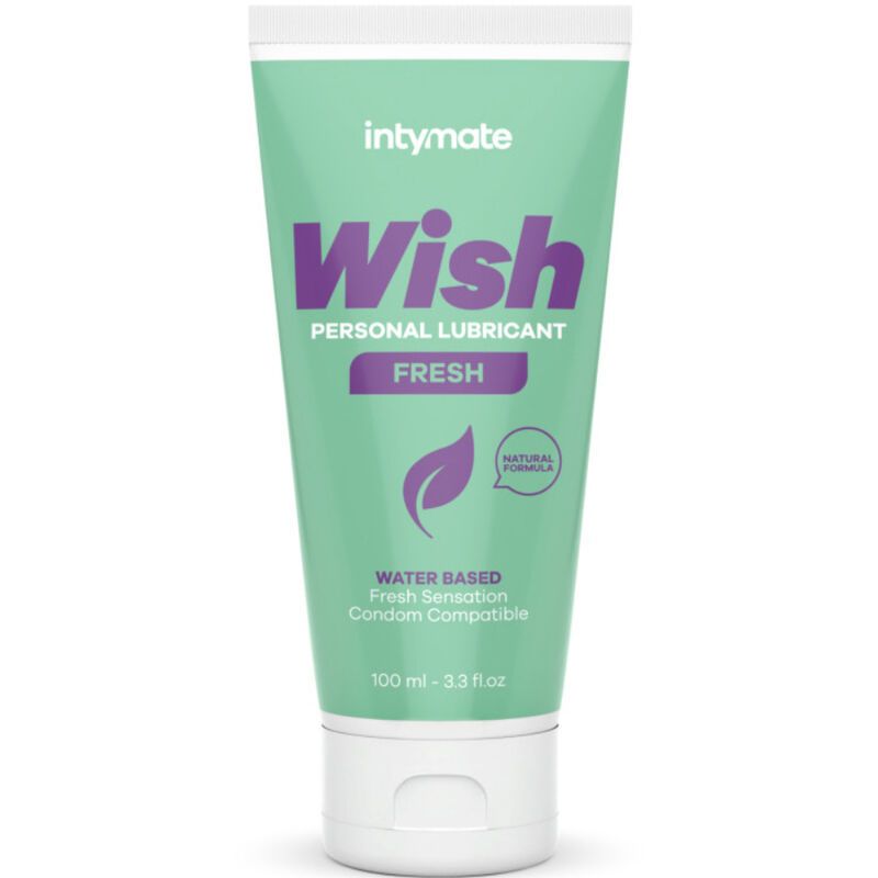 Grüne Tube mit weißem Deckel. Aufschrift: Intymate Wish Fresh, Personal Lubricant. Enthält eine natürliche Formel. 100 ml.