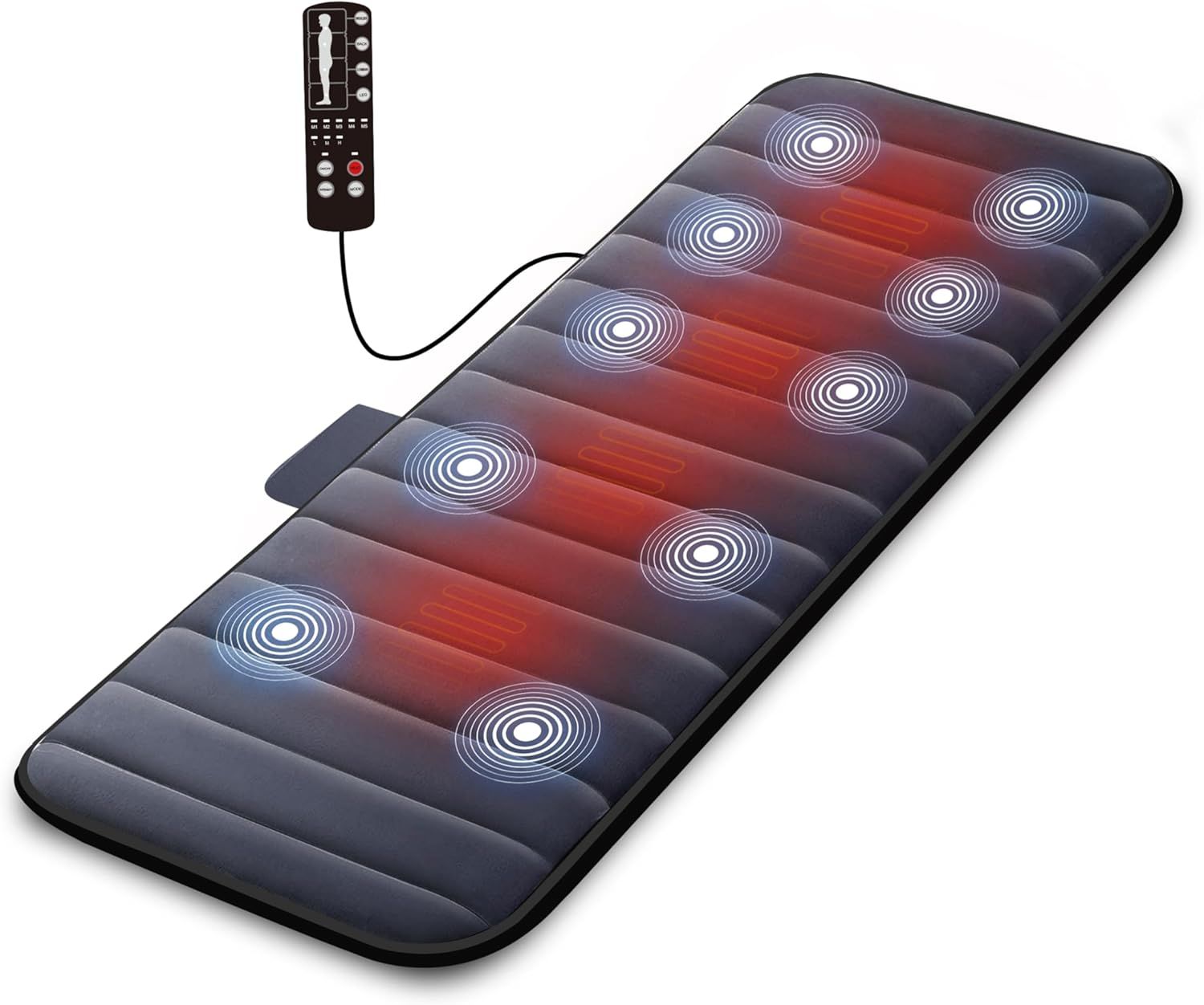 Massageauflage mit Heizfunktion und Vibrationspunkten. Zeigt die Bereiche für Schulter-, Rücken- und Beinmassage.