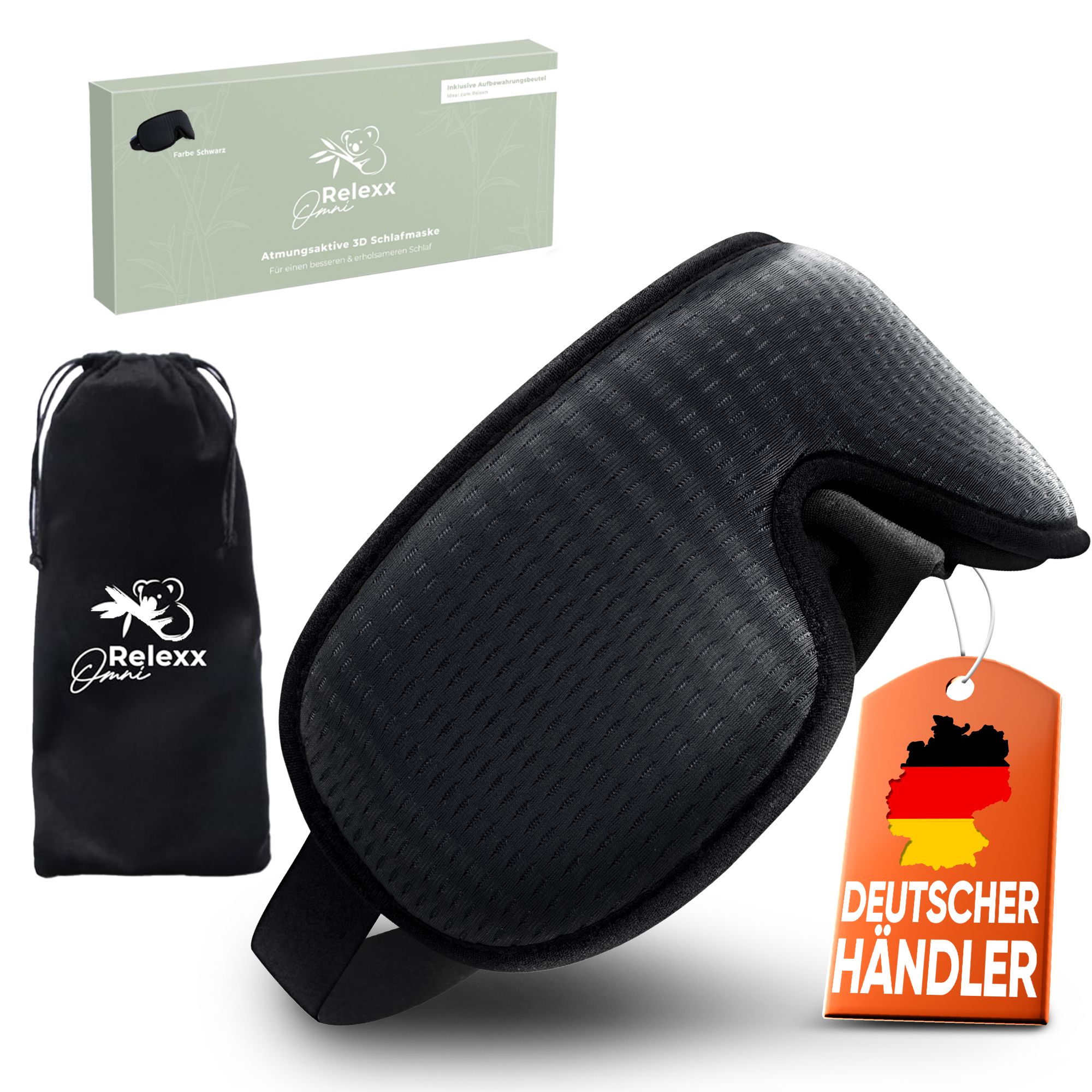 Schlafmaske, schwarz, mit Reisebeutel und Verpackung. Deutscher Händler. Marke Relexx Omni.
