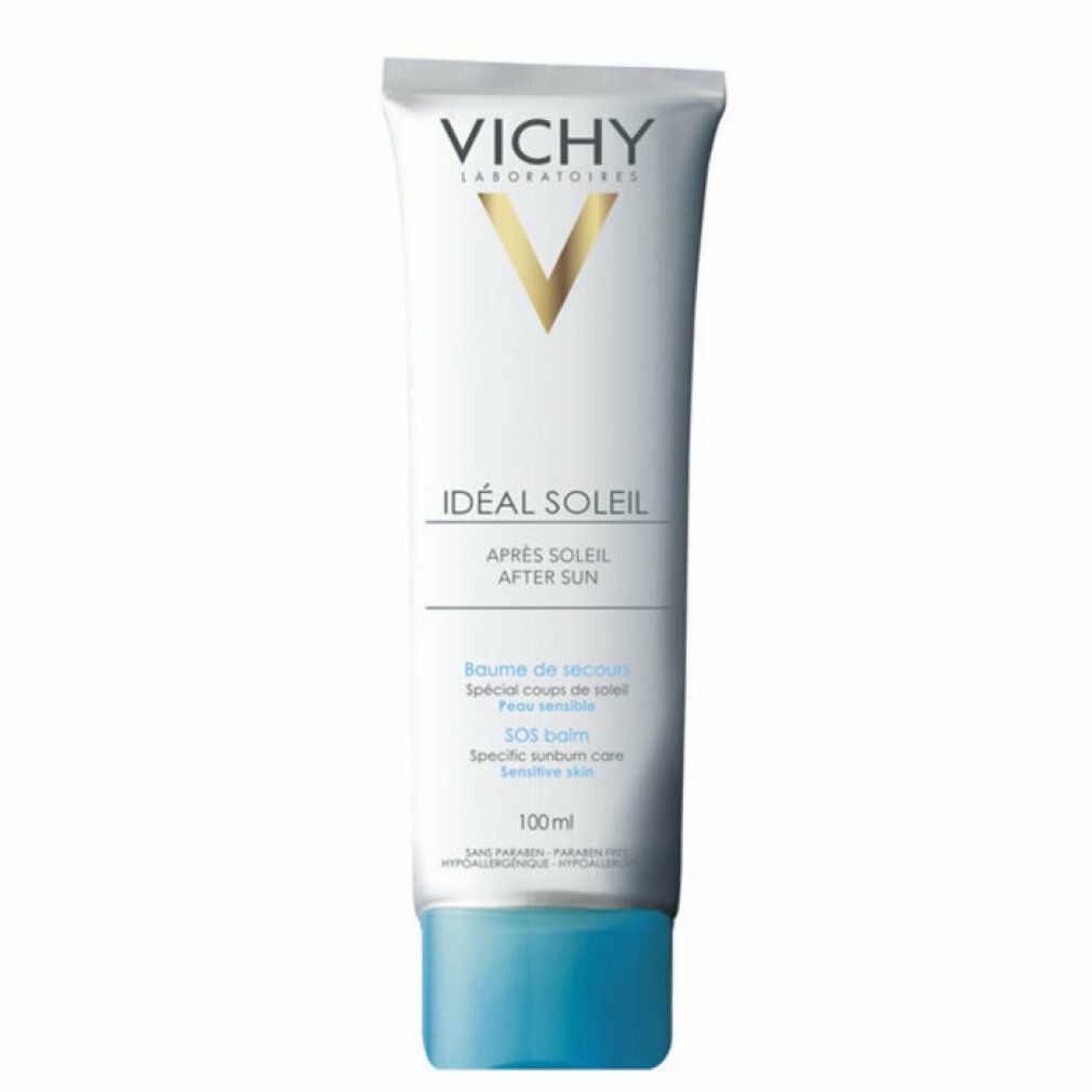 Weiße Tube mit blauem Verschluss. Aufschrift: VICHY, Idéal Soleil, Après Soleil, SOS balm. 100ml.