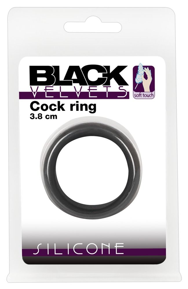Verpackung mit schwarzem Penisring. Marke: Black Velvets. Text: Cock ring, 3.8 cm, SILICONE.