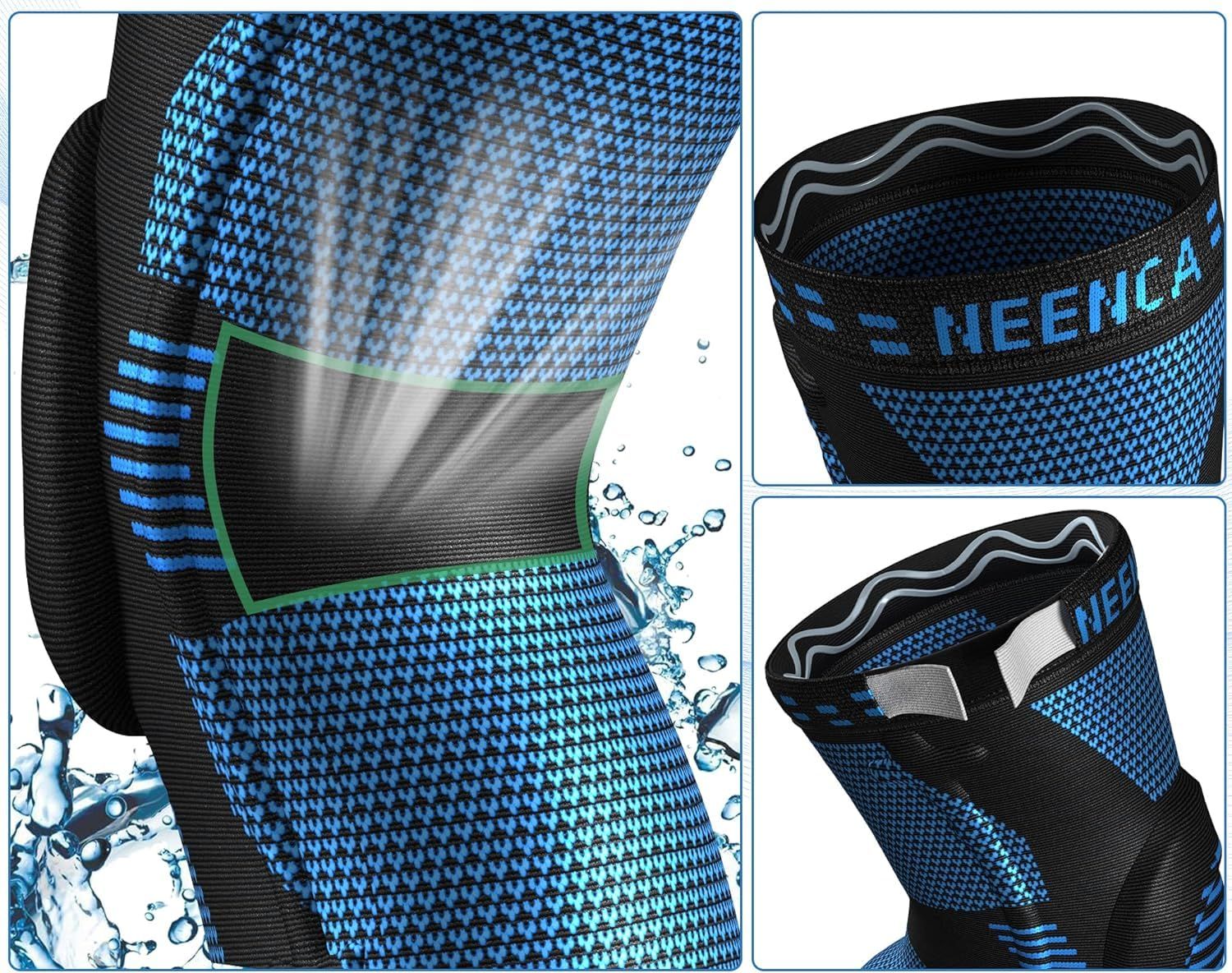 Blau-schwarze Kniebandage mit Belüftungsmuster und Wasserspritzern.