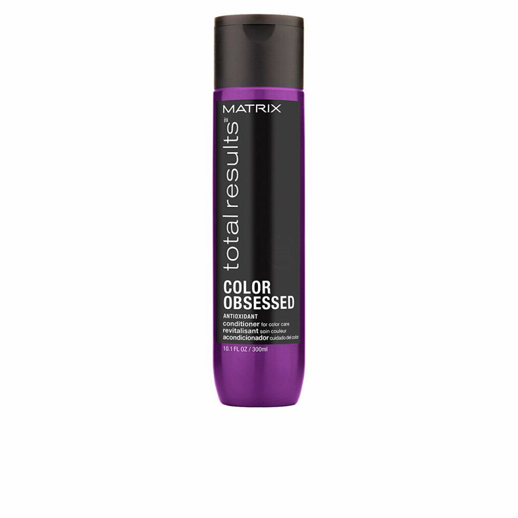 Matrix Total Results Color Obsessed Conditioner. Lila Flasche mit schwarzem Deckel. Schriftzug: MATRIX, total results, COLOR OBSESSED.