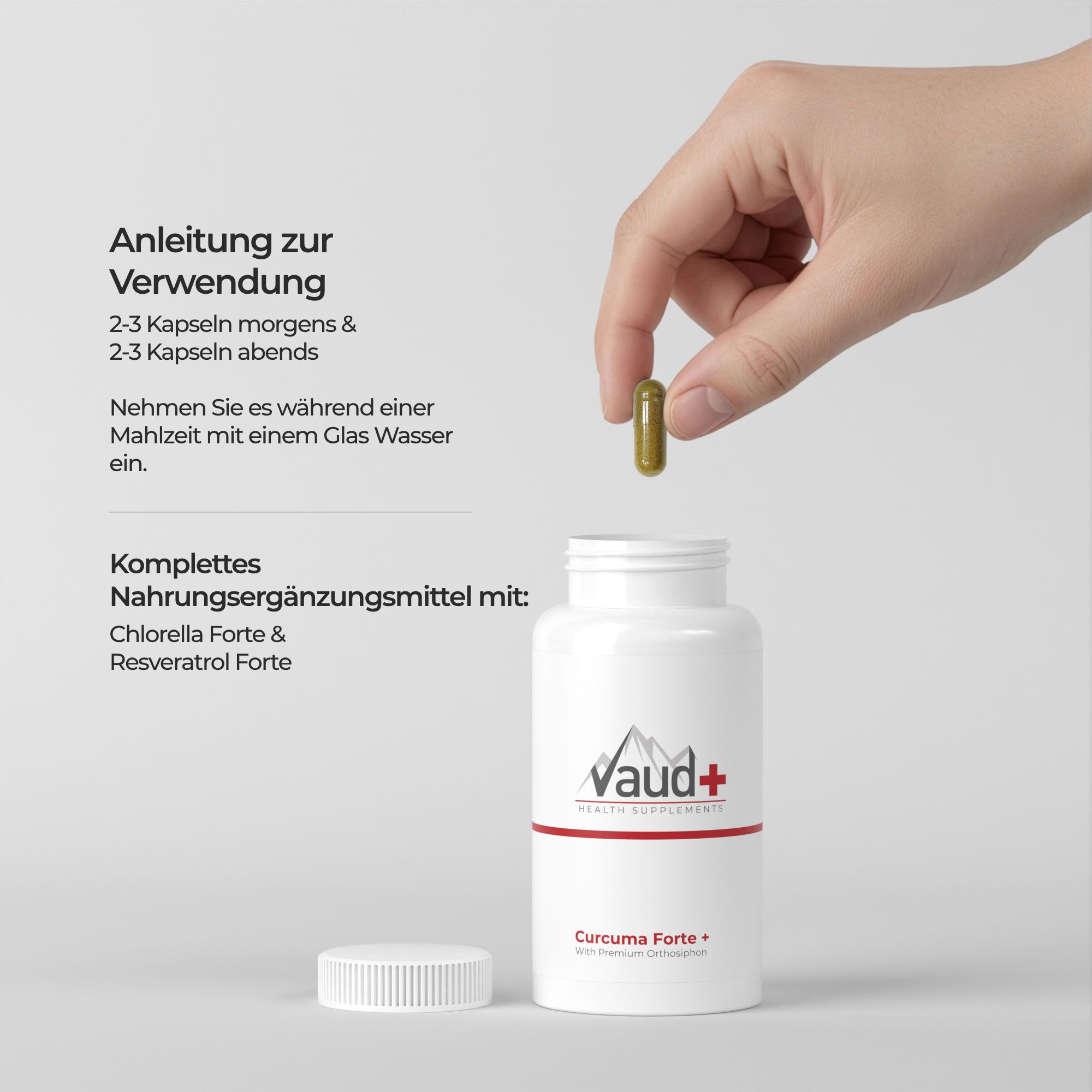 Hand hält Kapsel über Flasche. Text: Anleitung zur Verwendung. Komplettes Nahrungsergänzungsmittel.