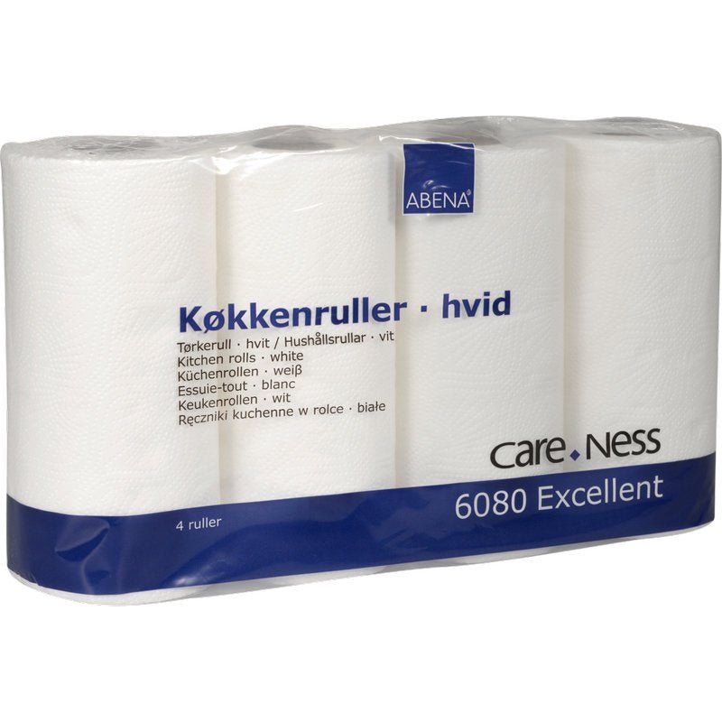 Verpackung mit vier weißen Küchenrollen. Aufschrift: ABENA, Care.Ness, 6080 Excellent. Mehrsprachige Produktbezeichnungen.