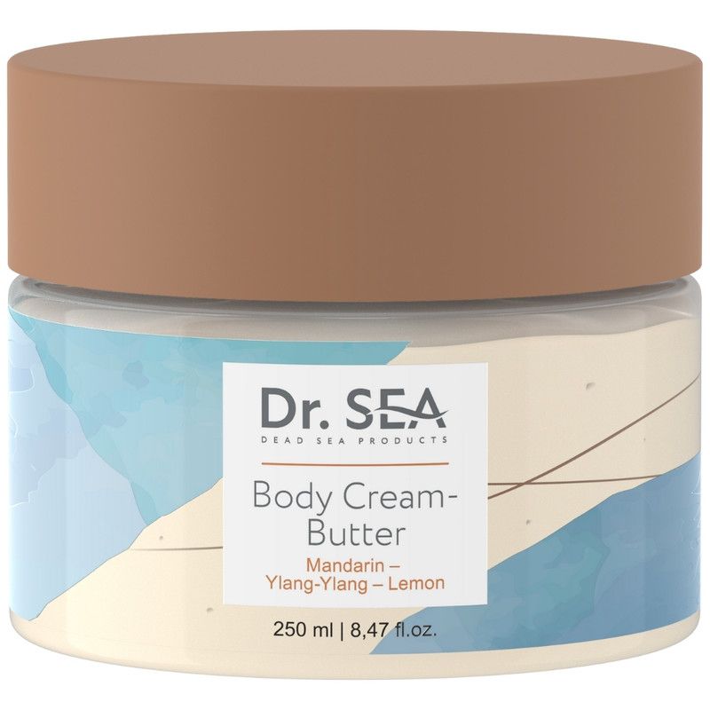 Creme-Butter-Tiegel mit Deckel. Aufschrift: Dr. SEA, Body Cream-Butter, Mandarine, Ylang-Ylang, Zitrone. 250 ml.