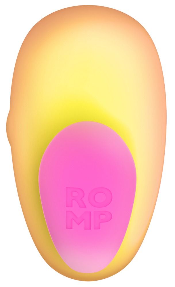 ROMP Kiss Pink Lemonade, rosa-gelb. Ovale Form mit einer herzförmigen Basis. ROMP-Logo auf der Basis.