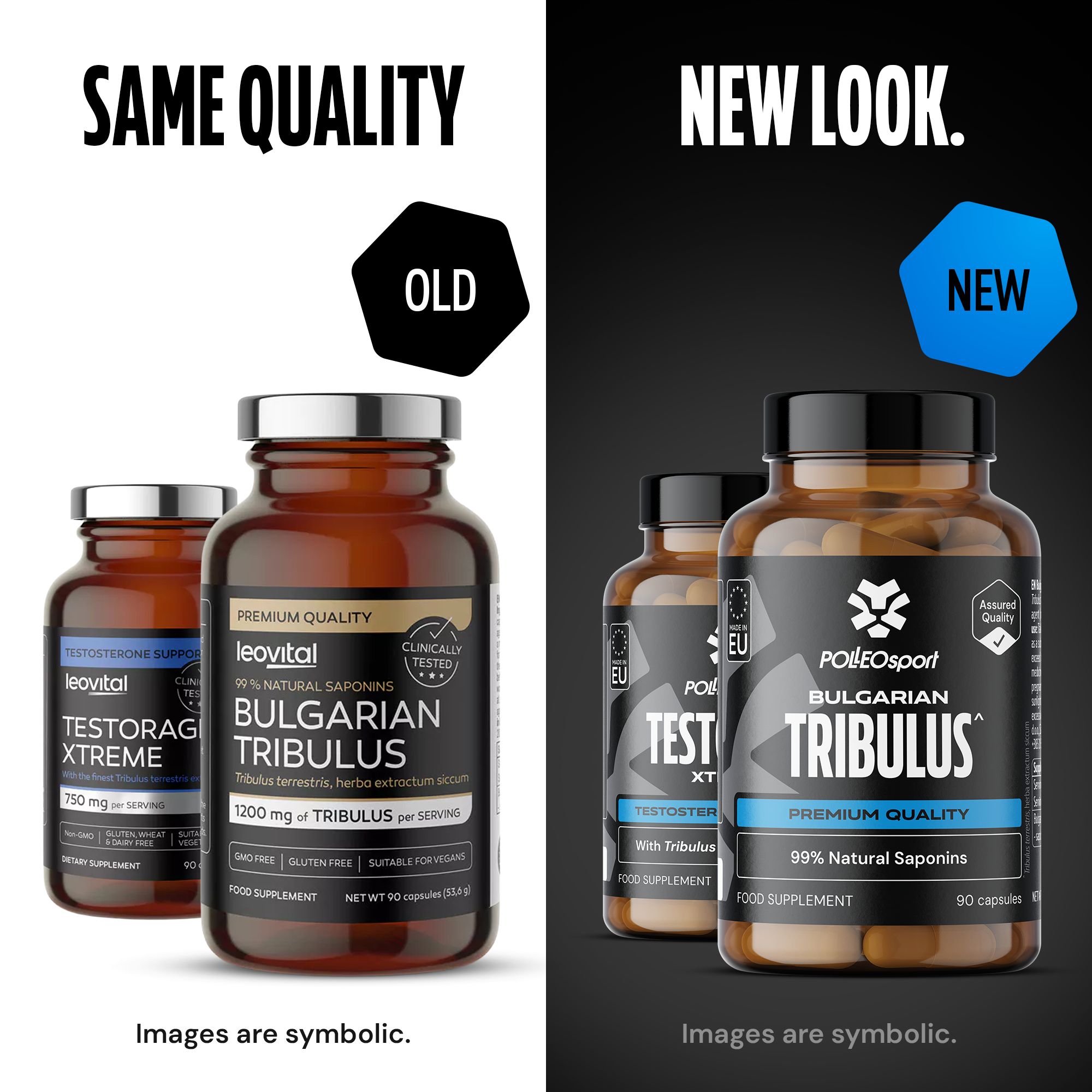 Vergleich von zwei Flaschen. Links: 'TESTORAG XTREME' und 'BULGARIAN TRIBULUS'. Rechts: 'BULGARIAN TRIBULUS'. Beide enthalten 90 Kapseln.